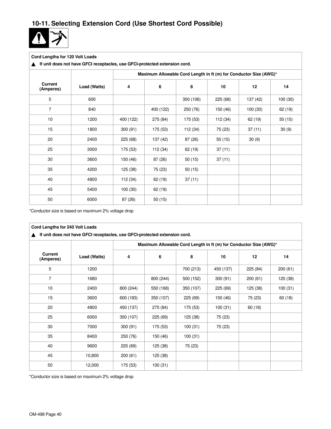 Hobart Welding Products OM-498 manual Selecting Extension Cord Use Shortest Cord Possible, Current Load Watts Amperes 