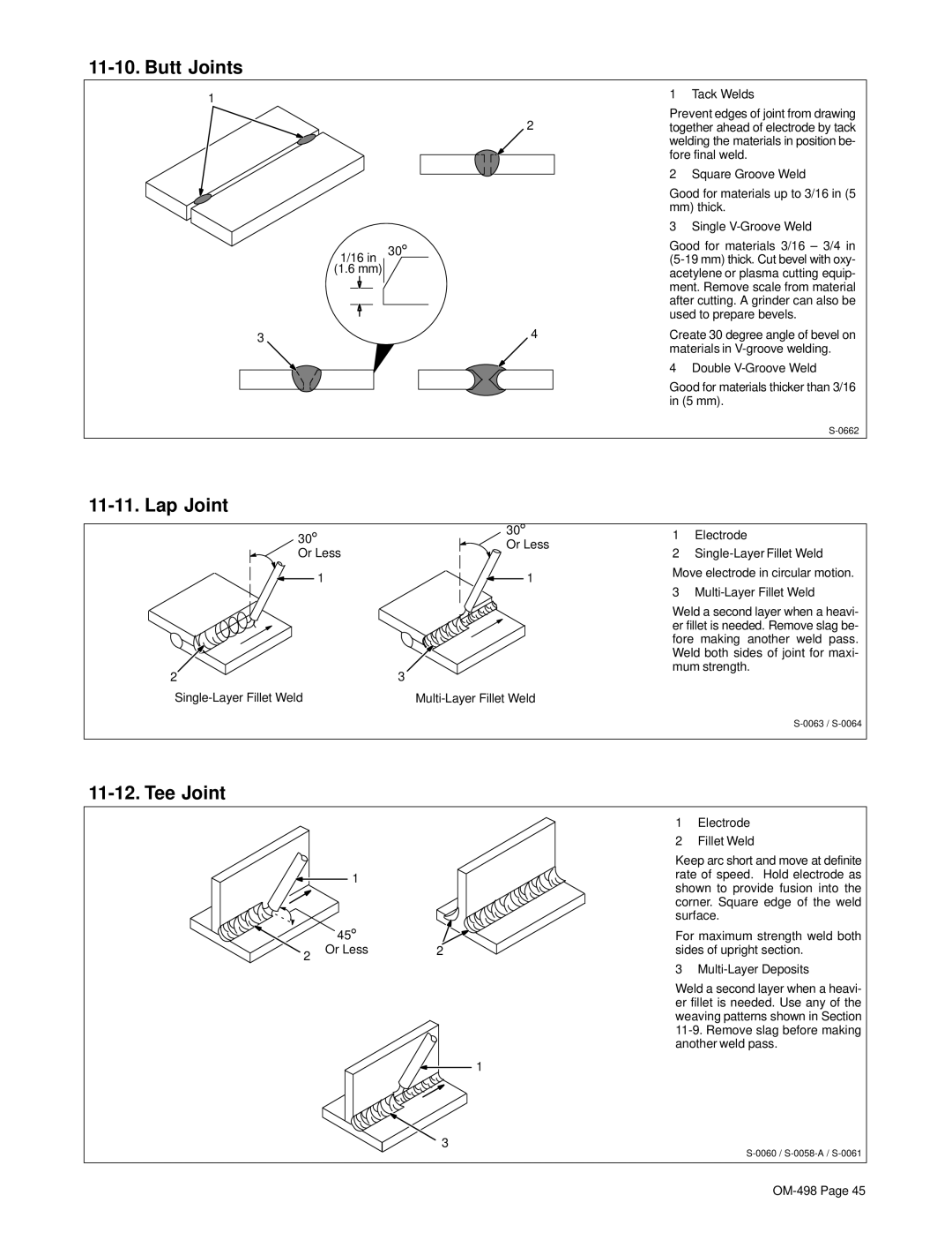 Hobart Welding Products OM-498 manual Butt Joints, Lap Joint, Tee Joint, 16 in 1.6 mm Tack Welds, Or Less 