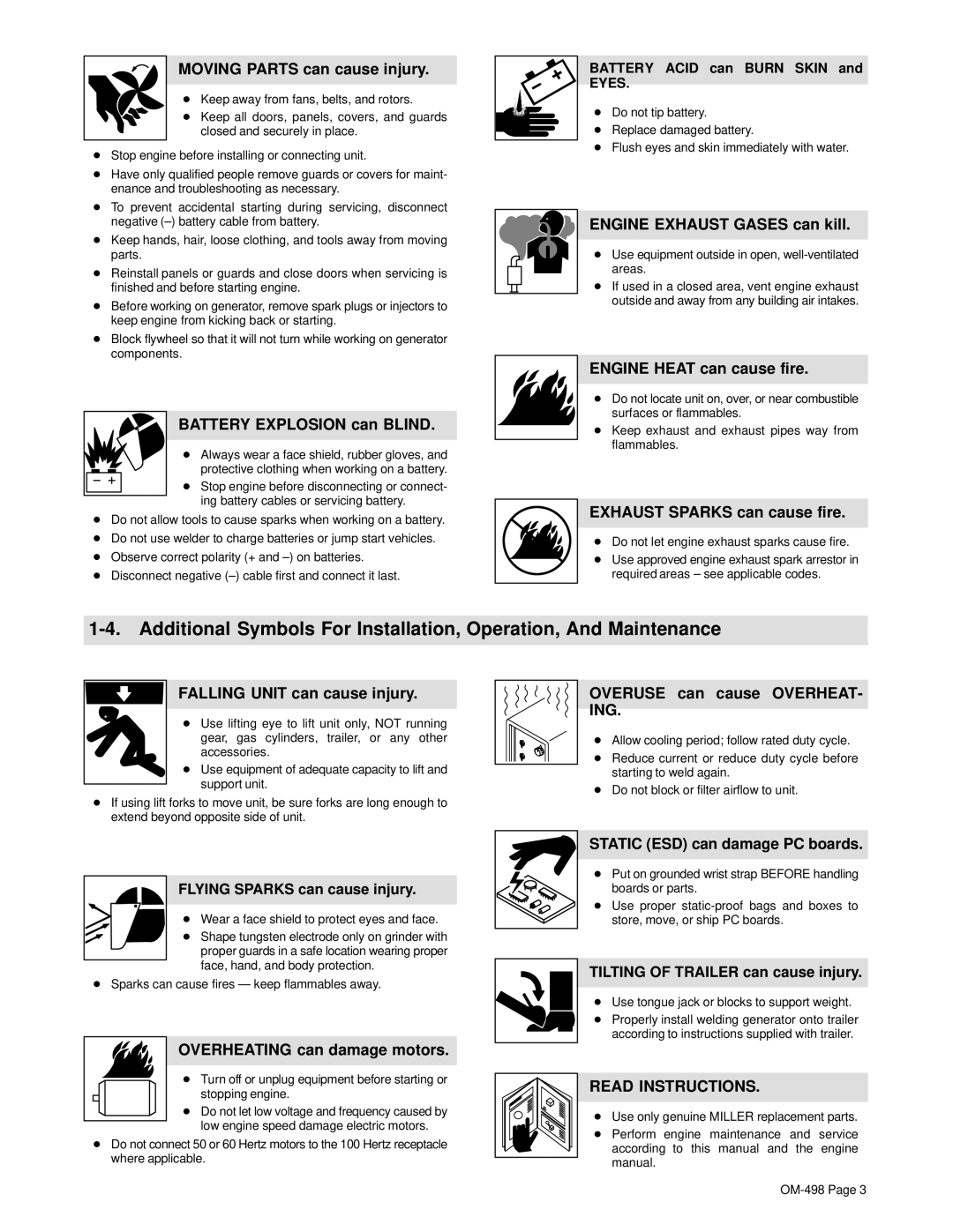 Hobart Welding Products OM-498 Moving Parts can cause injury, Battery Explosion can Blind, Engine Exhaust Gases can kill 