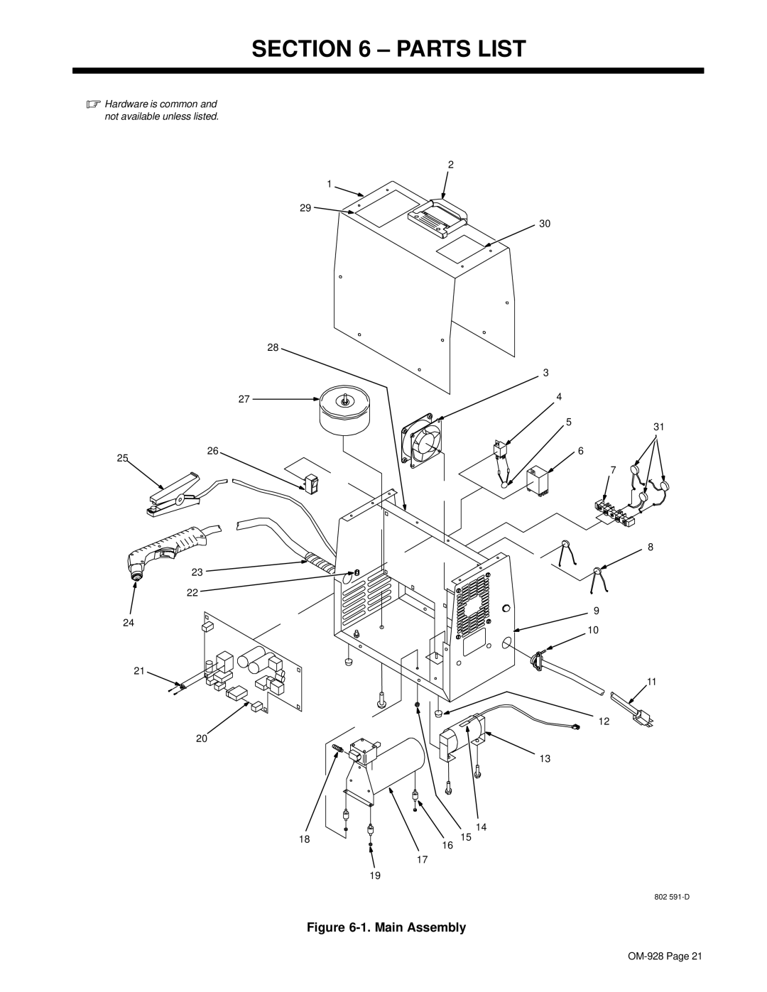 Hobart Welding Products OM-928 specifications Parts List, Main Assembly 