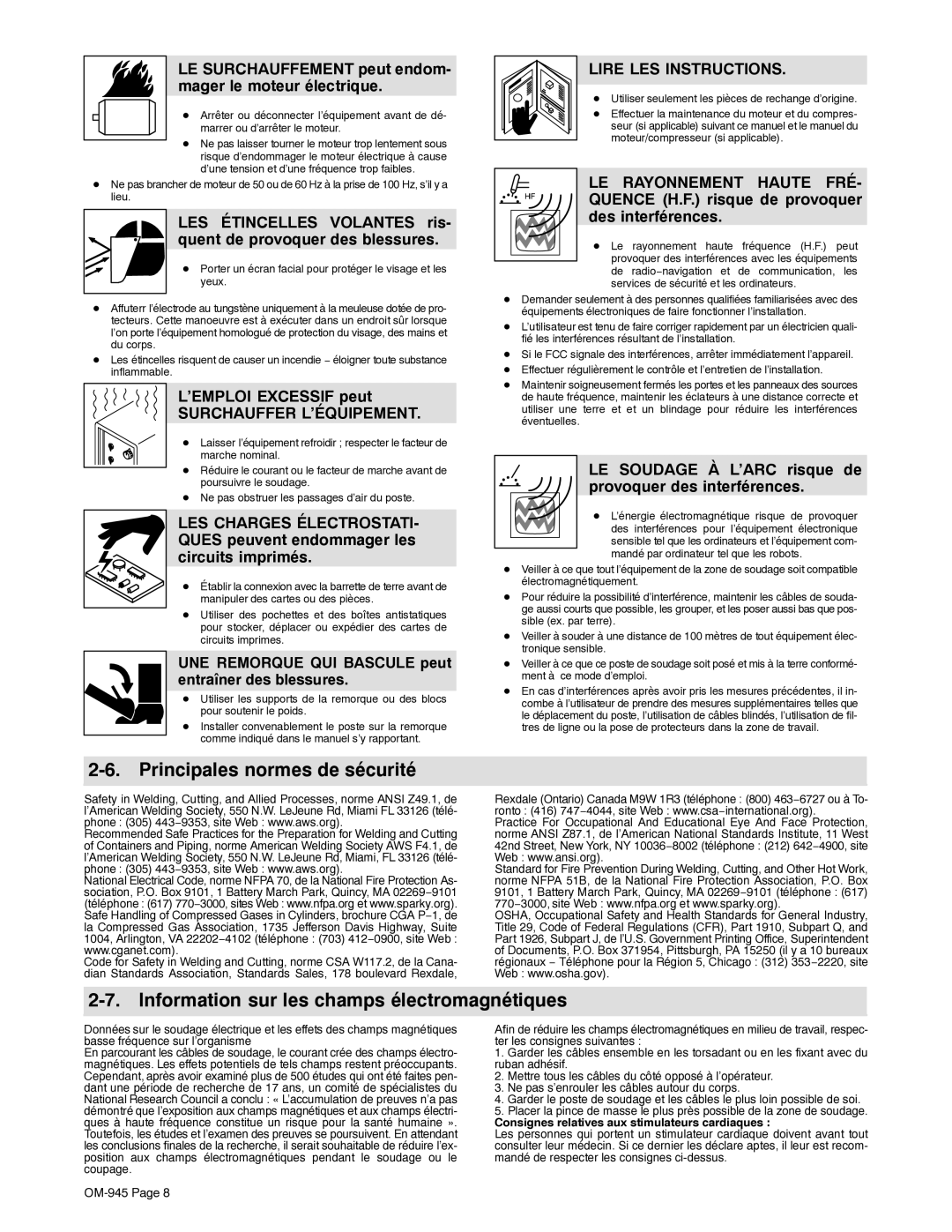 Hobart Welding Products OM-945 194 047U Principales normes de sécurité, Information sur les champs électromagnétiques 