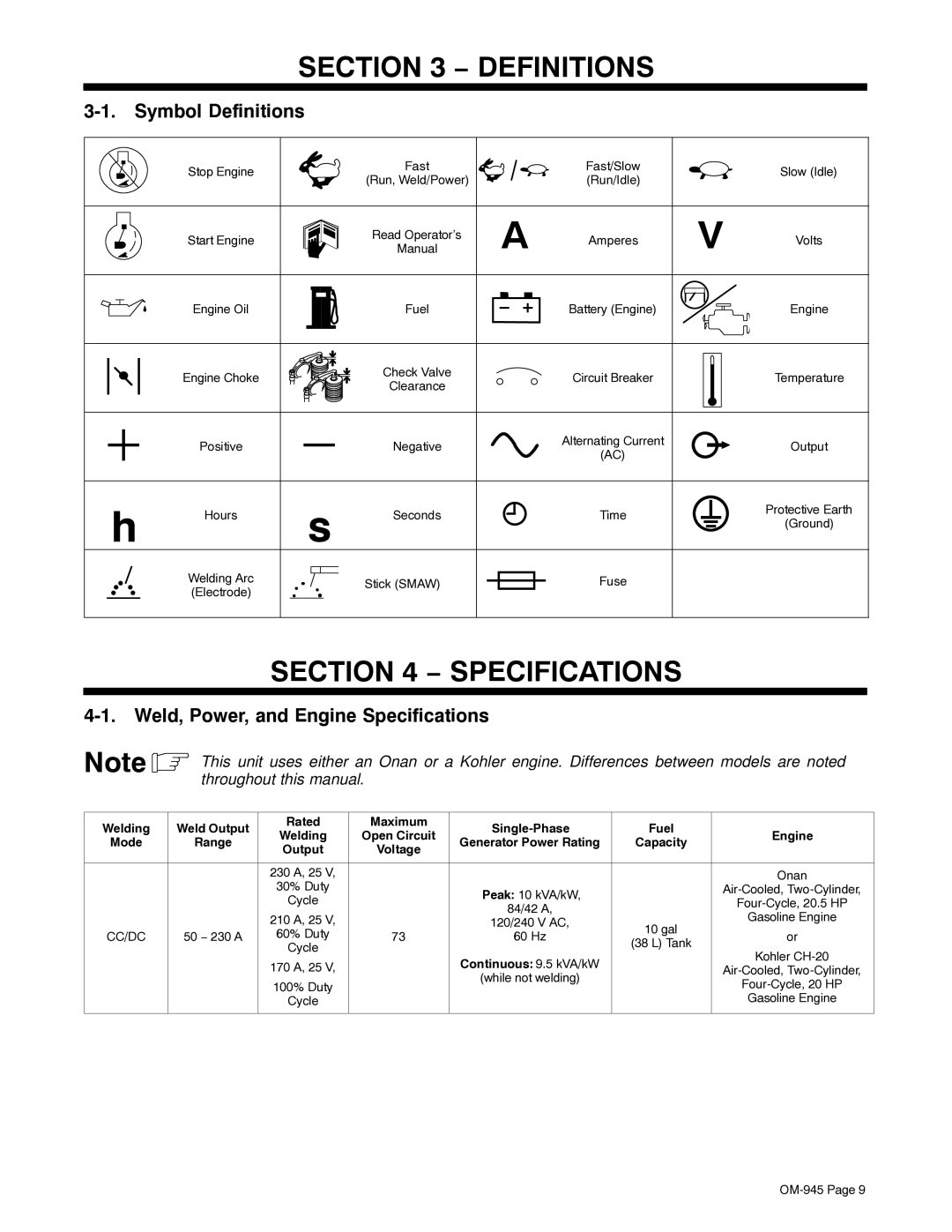 Hobart Welding Products OM-945 194 047U manual Symbol Definitions, Weld, Power, and Engine Specifications 