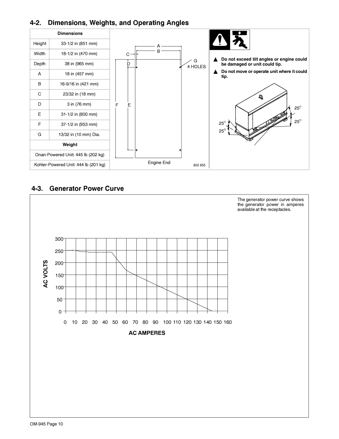 Hobart Welding Products OM-945 194 047U manual Dimensions, Weights, and Operating Angles, Generator Power Curve 