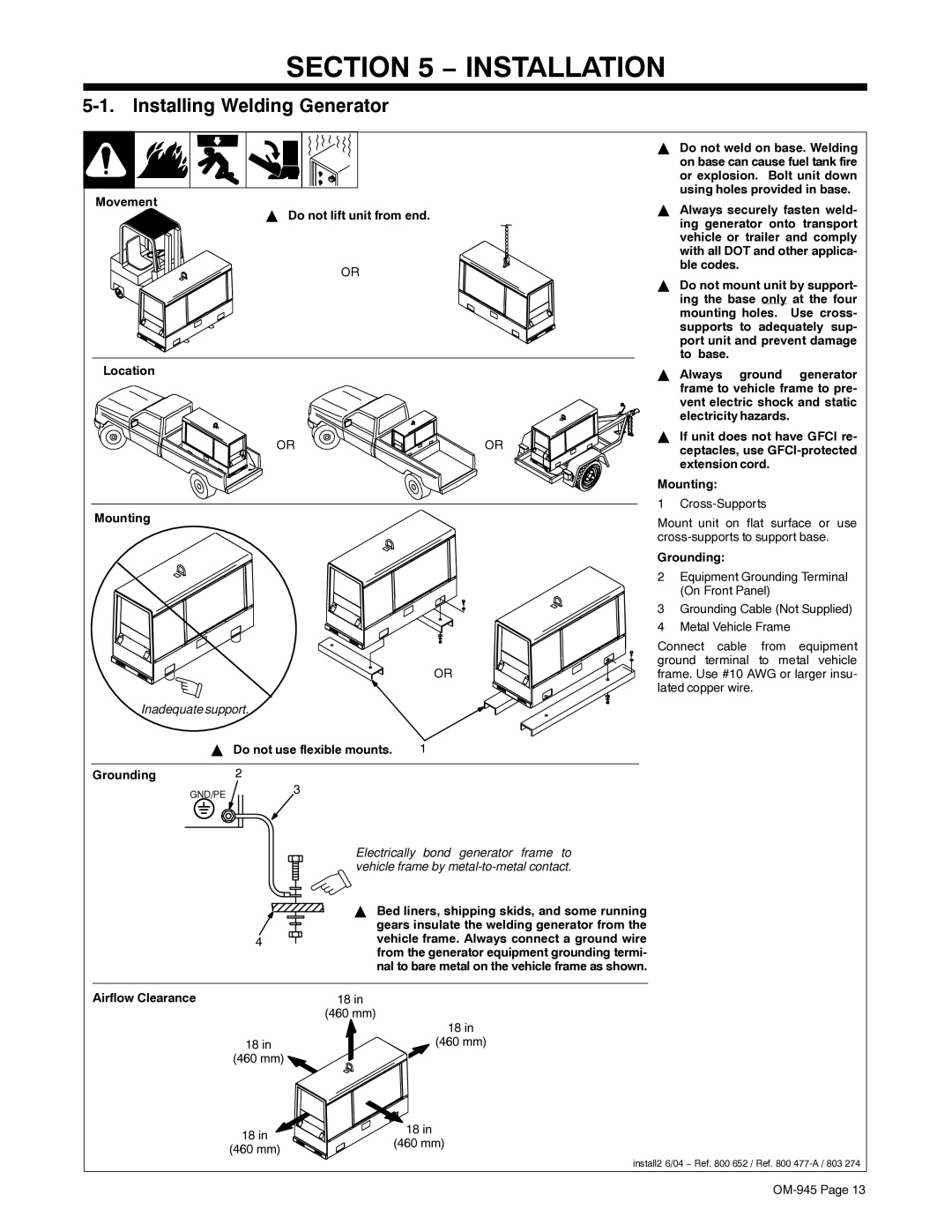 Hobart Welding Products OM-945 194 047U manual Installation, Installing Welding Generator 