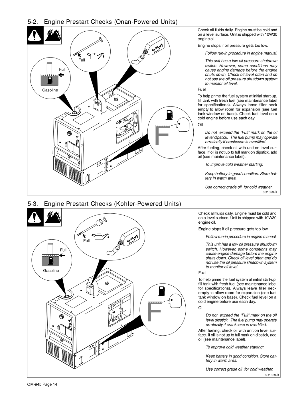 Hobart Welding Products OM-945 194 047U manual Engine Prestart Checks Onan-Powered Units, Fuel, Oil 