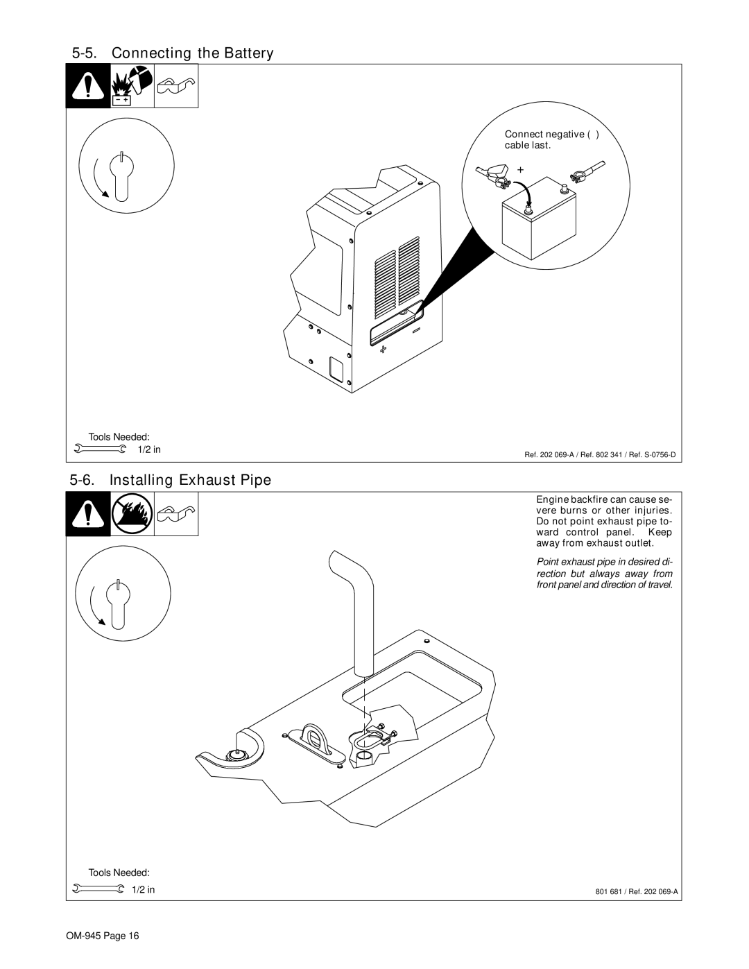 Hobart Welding Products OM-945 194 047U Connecting the Battery, Installing Exhaust Pipe, +, Connect negative − cable last 