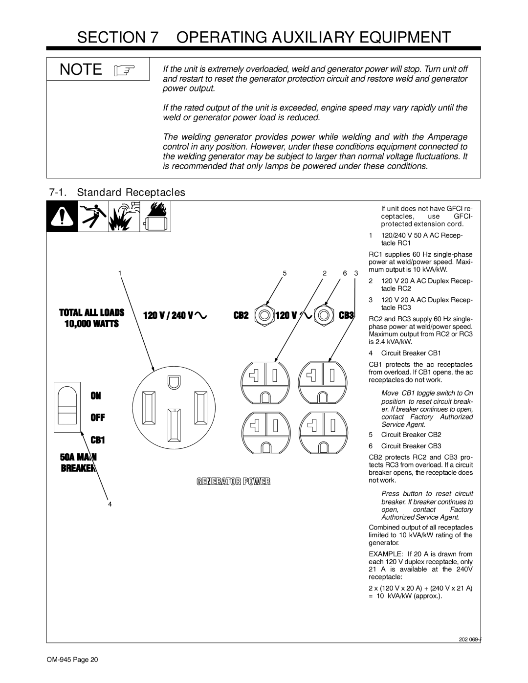 Hobart Welding Products OM-945 194 047U manual Operating Auxiliary Equipment, Standard Receptacles, Ceptacles, use 