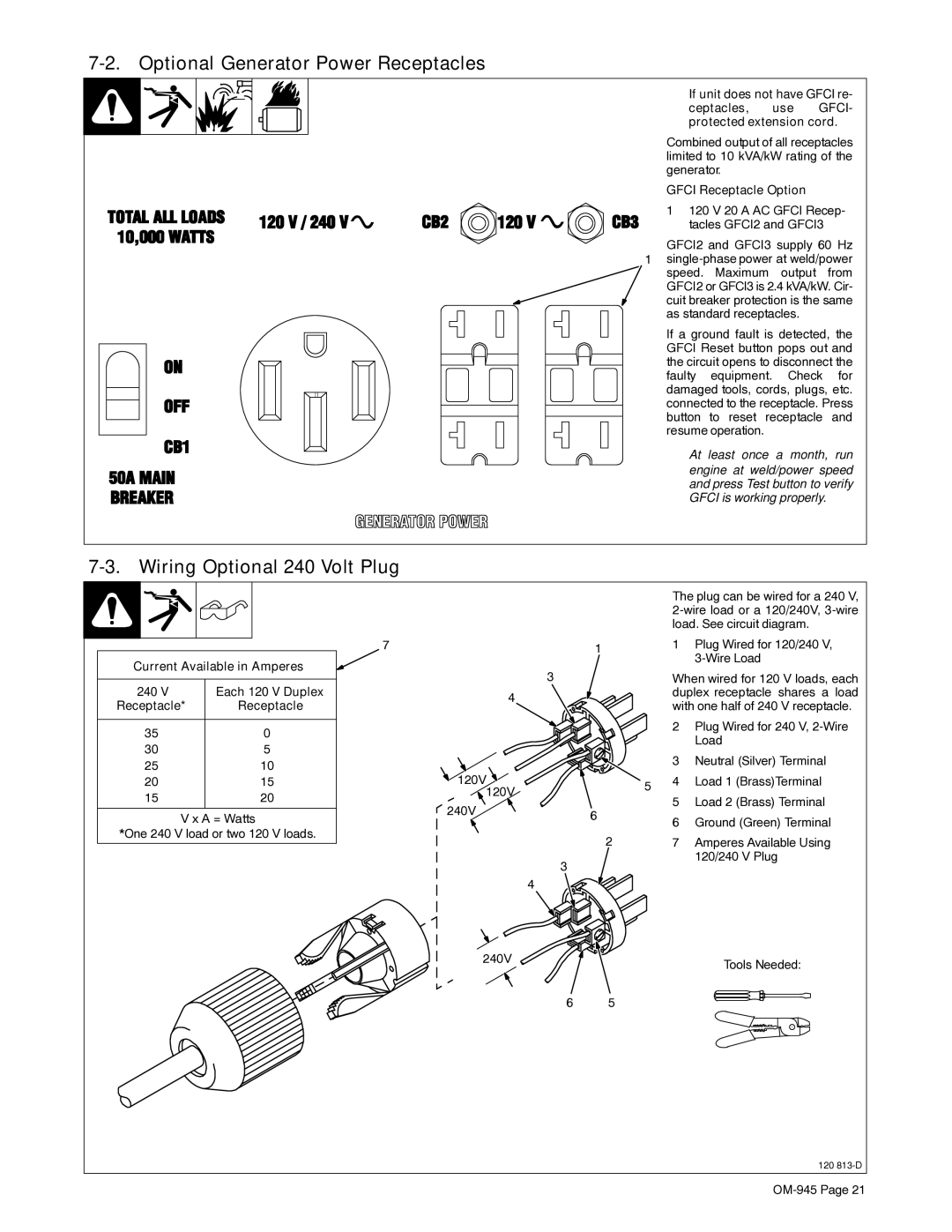 Hobart Welding Products OM-945 194 047U manual Optional Generator Power Receptacles, Wiring Optional 240 Volt Plug 