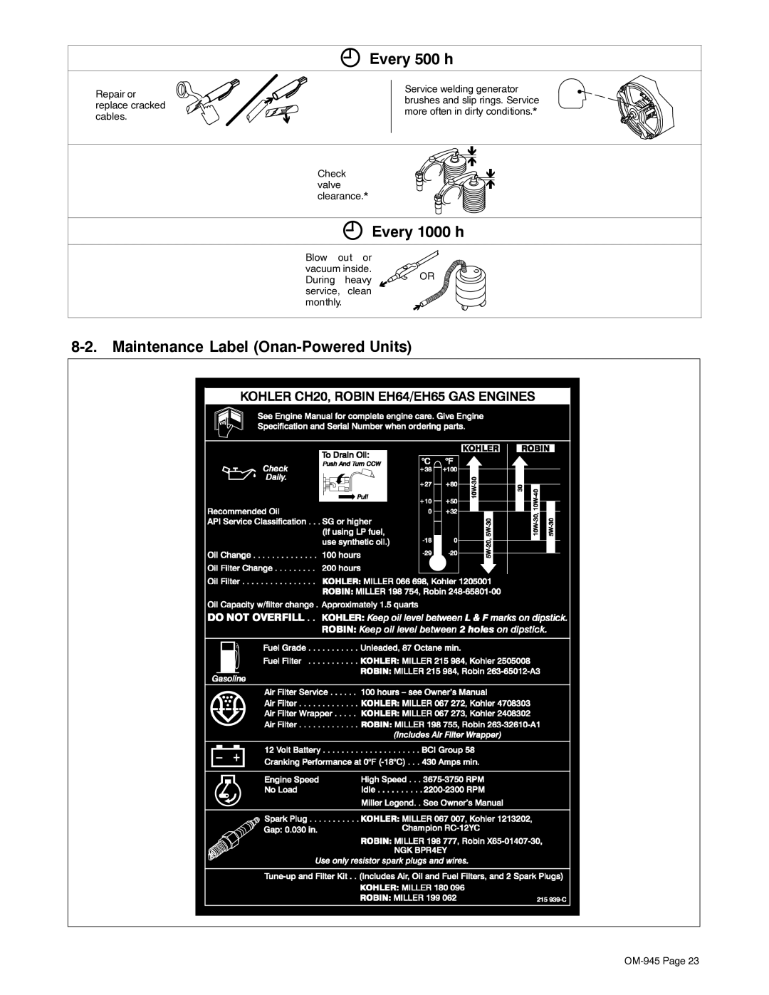 Hobart Welding Products OM-945 194 047U manual Every 500 h, Every 1000 h, Maintenance Label Onan-Powered Units 