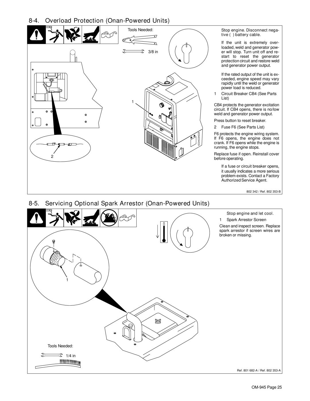 Hobart Welding Products OM-945 194 047U manual Overload Protection Onan-Powered Units, Stop engine and let cool 