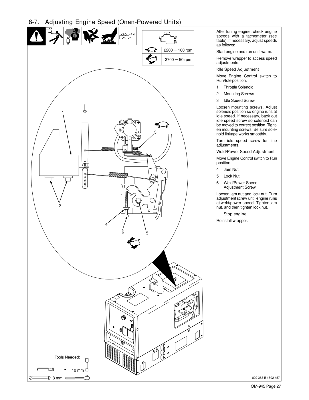 Hobart Welding Products OM-945 194 047U manual Adjusting Engine Speed Onan-Powered Units, Idle Speed Adjustment 