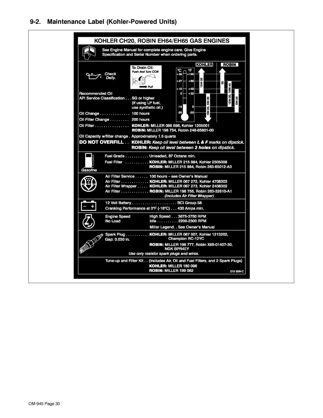 Hobart Welding Products OM-945 194 047U manual Maintenance Label Kohler-Powered Units 