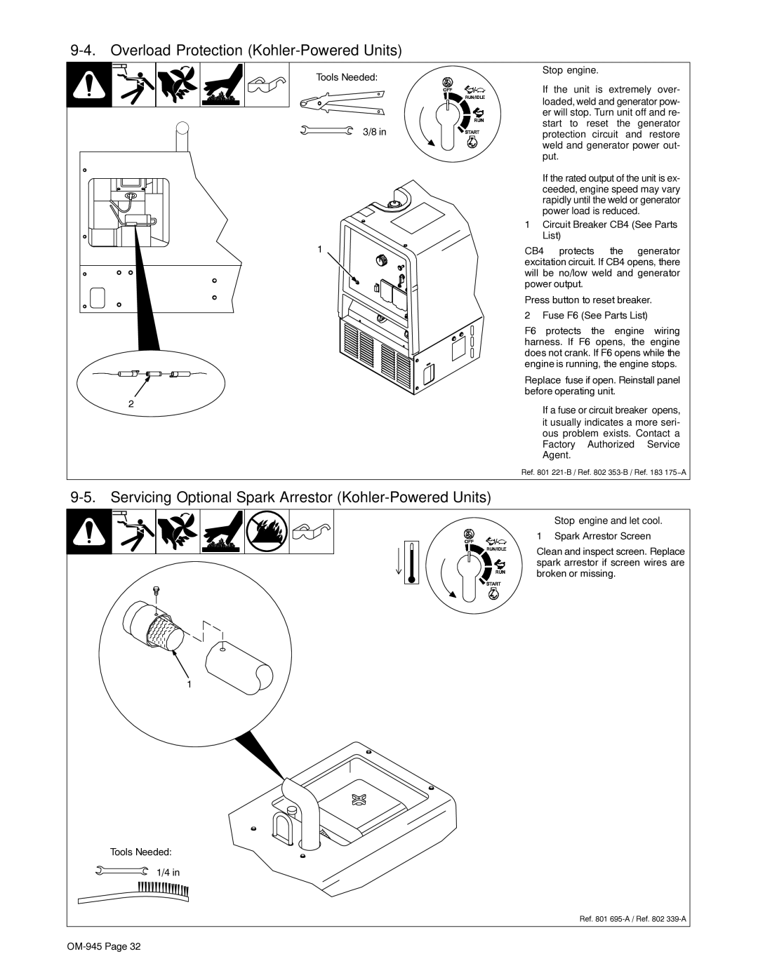 Hobart Welding Products OM-945 194 047U manual Overload Protection Kohler-Powered Units 