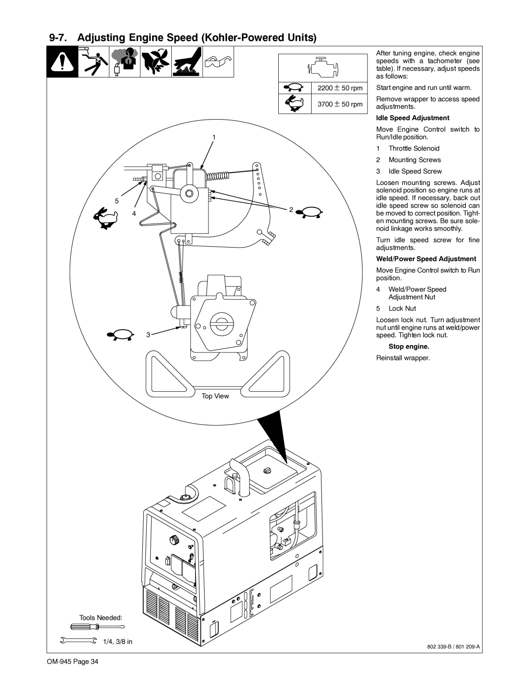 Hobart Welding Products OM-945 194 047U manual Adjusting Engine Speed Kohler-Powered Units, Stop engine. Reinstall wrapper 