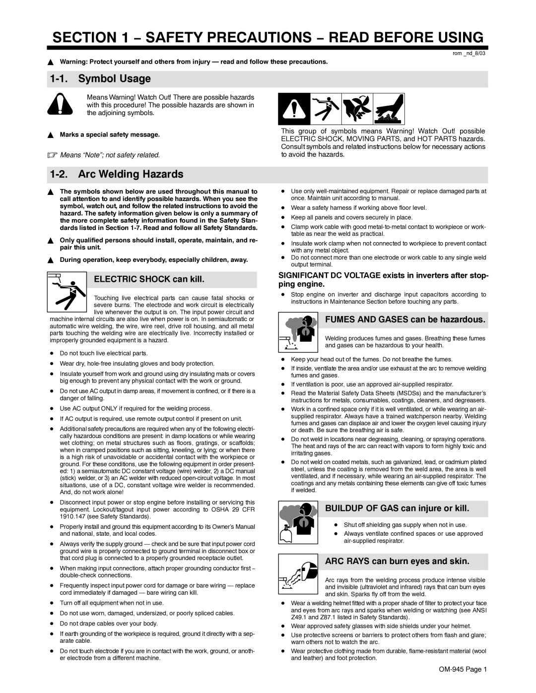 Hobart Welding Products OM-945 194 047U manual Symbol Usage, Arc Welding Hazards 