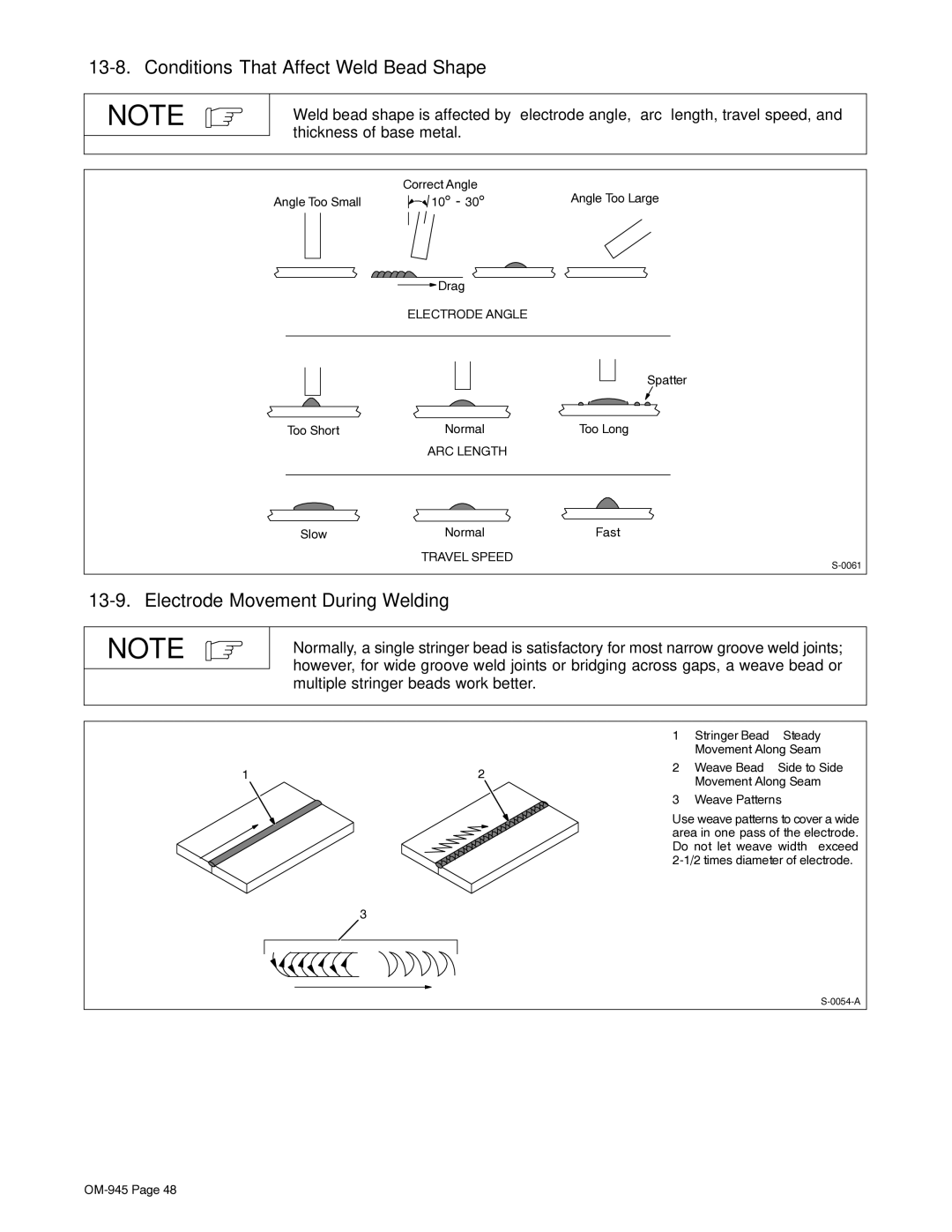 Hobart Welding Products OM-945 194 047U manual Conditions That Affect Weld Bead Shape, Electrode Movement During Welding 