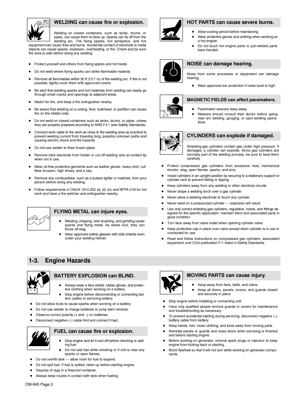 Hobart Welding Products OM-945 194 047U manual Engine Hazards 