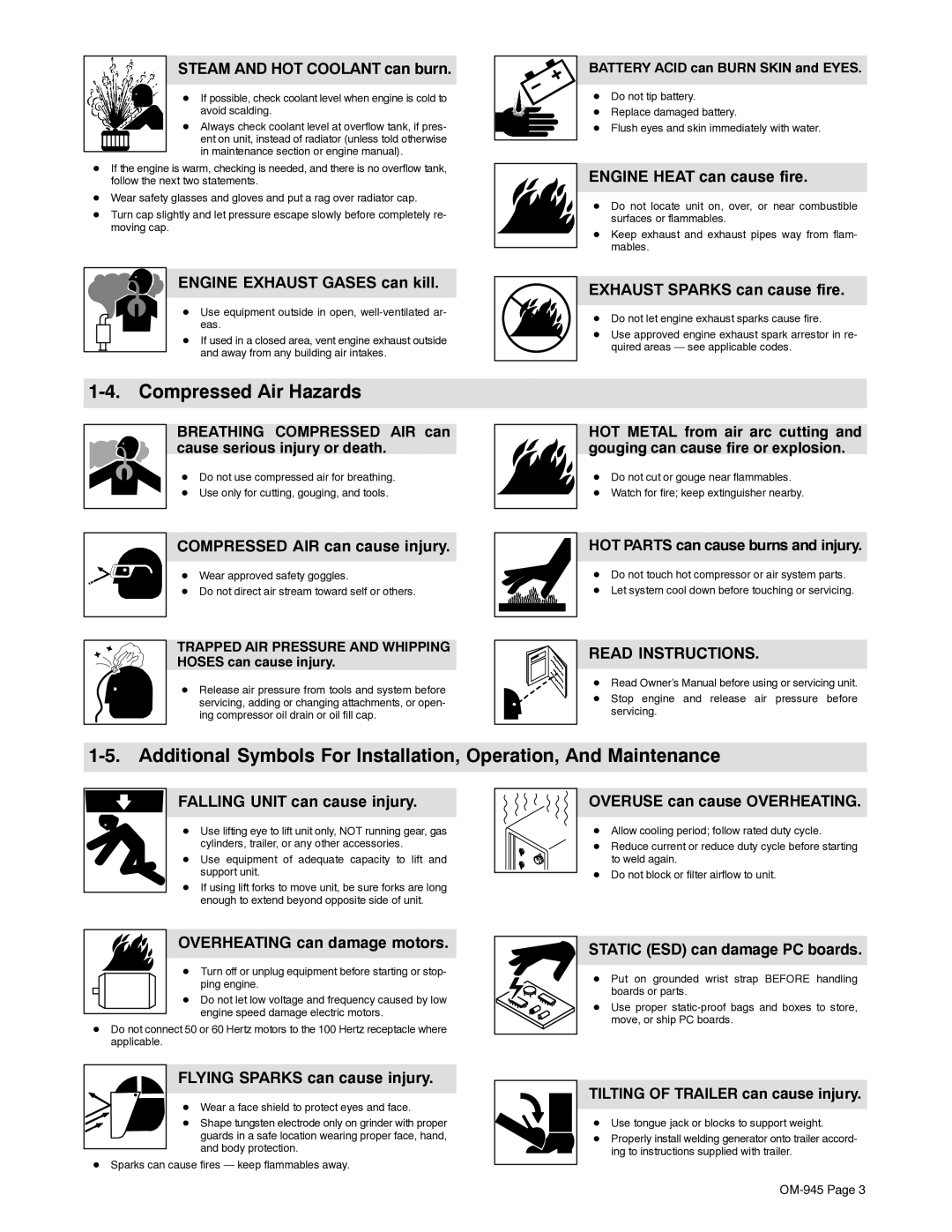 Hobart Welding Products OM-945 194 047U manual Compressed Air Hazards 