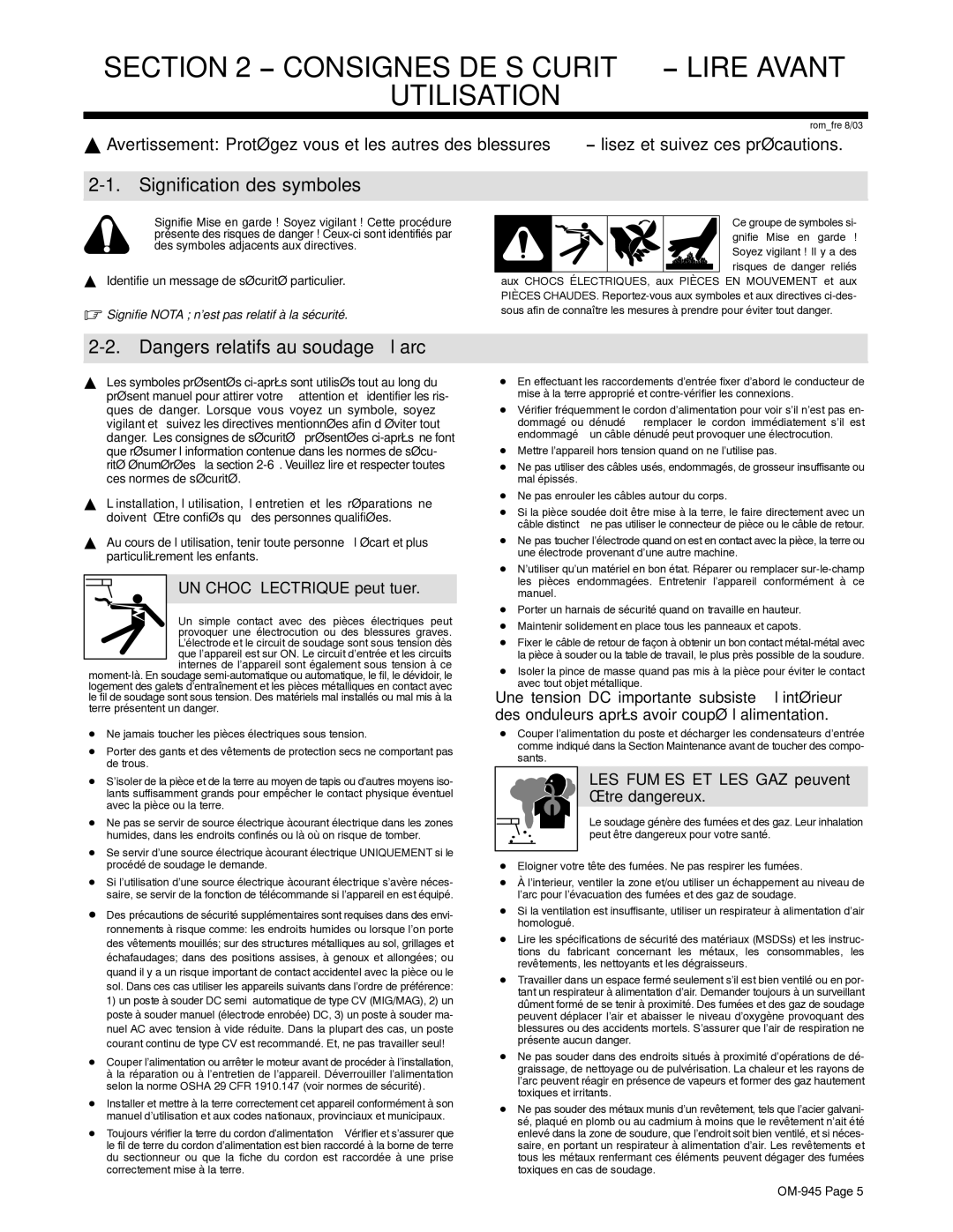 Hobart Welding Products OM-945 194 047U manual Consignes DE Sécurité − Lire Avant Utilisation, Signification des symboles 