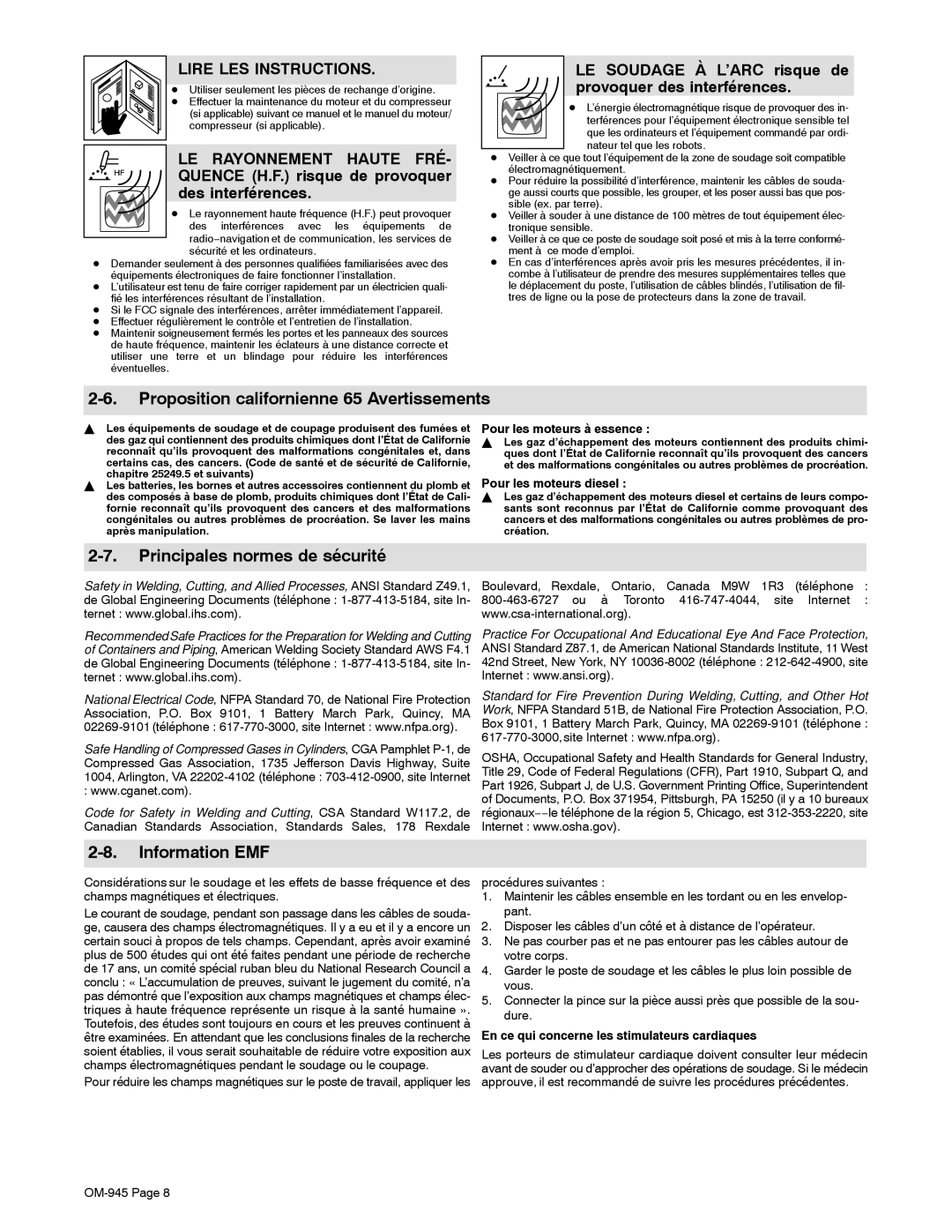 Hobart Welding Products OM-945 manual LE Soudage À L’ARC risque de provoquer des interférences, Pour les moteurs à essence 