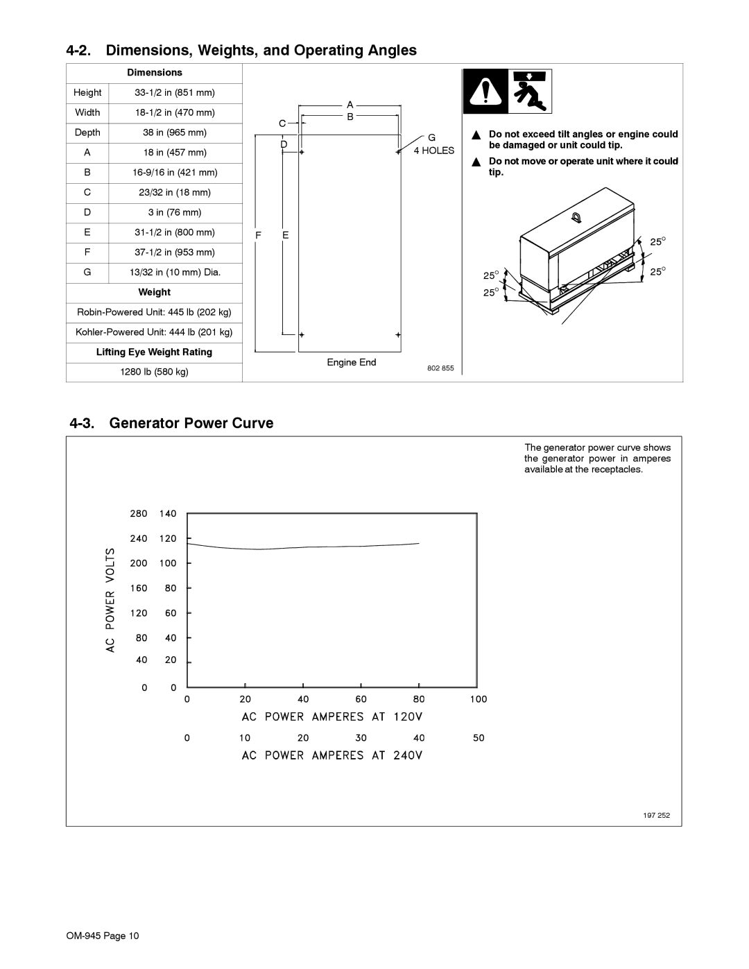 Hobart Welding Products OM-945 manual Dimensions, Weights, and Operating Angles, Generator Power Curve 