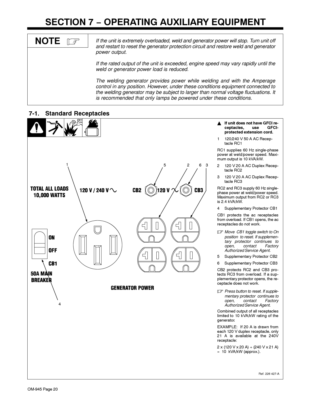 Hobart Welding Products OM-945 manual Operating Auxiliary Equipment, Standard Receptacles 