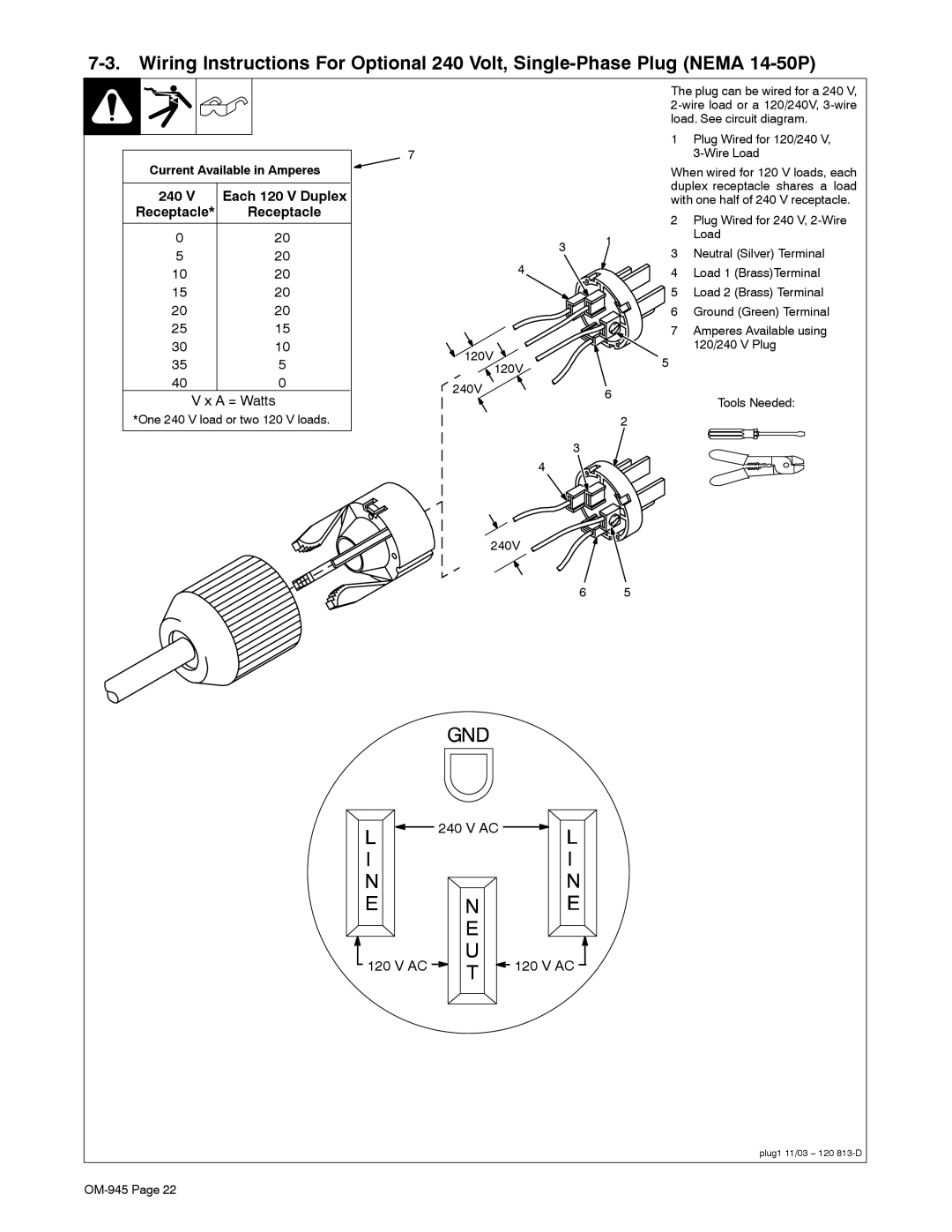 Hobart Welding Products OM-945 manual Current Available in Amperes 240, Receptacle 