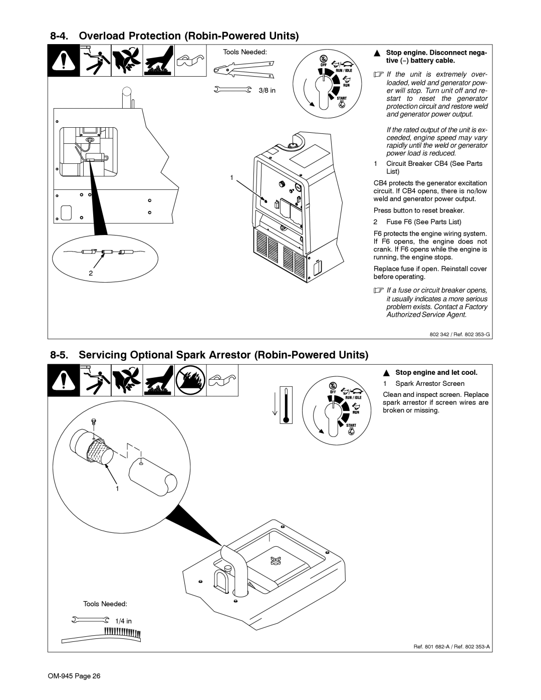 Hobart Welding Products OM-945 Overload Protection Robin-Powered Units, Stop engine. Disconnect nega- tive − battery cable 