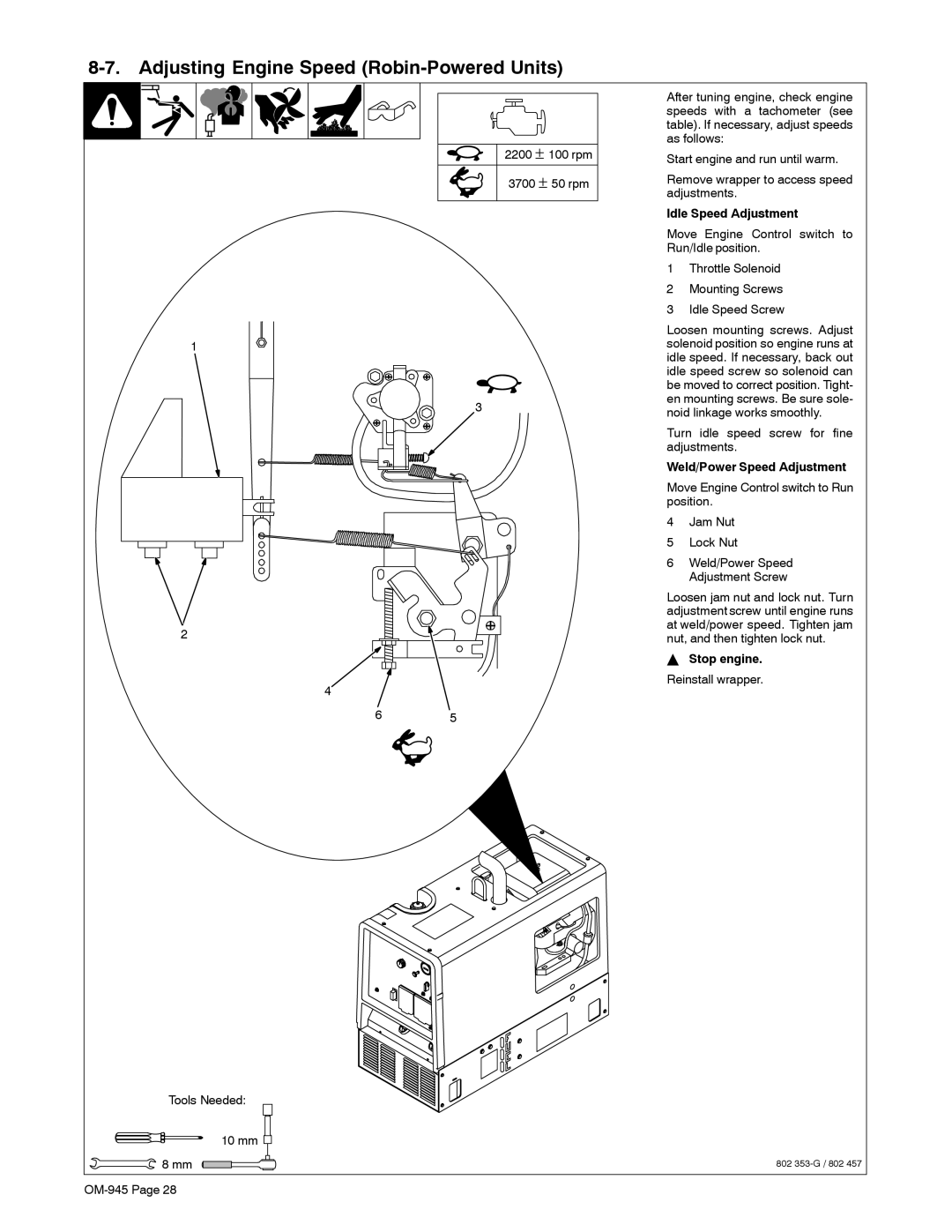 Hobart Welding Products OM-945 manual Adjusting Engine Speed Robin-Powered Units, Idle Speed Adjustment 