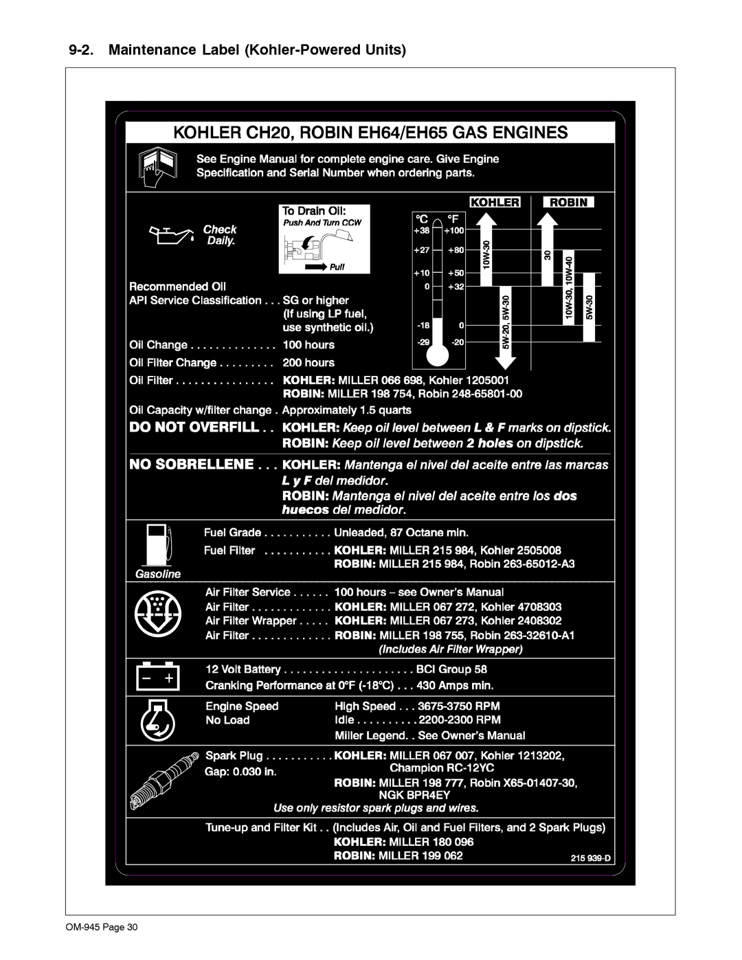 Hobart Welding Products OM-945 manual Maintenance Label Kohler-Powered Units 