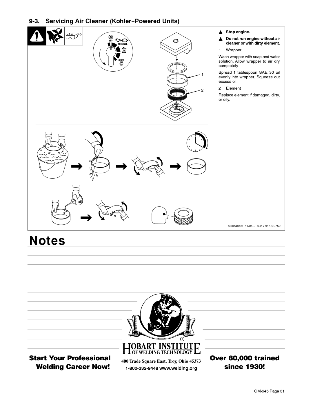 Hobart Welding Products OM-945 manual Servicing Air Cleaner Kohler−Powered Units, Stop engine 