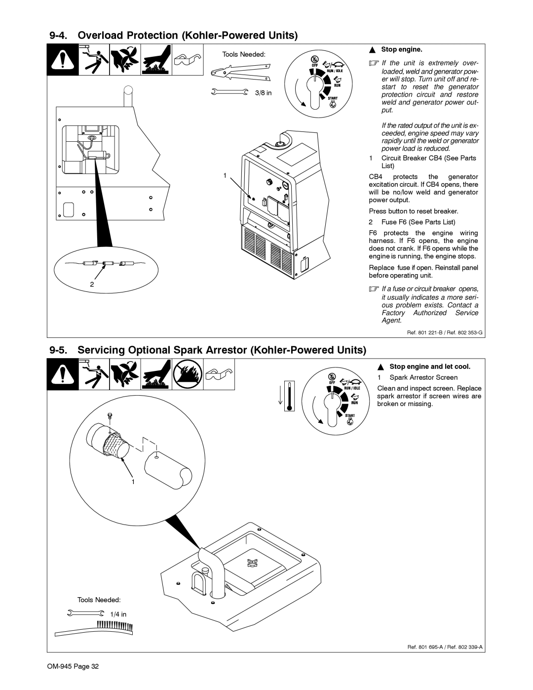 Hobart Welding Products OM-945 manual Overload Protection Kohler-Powered Units 