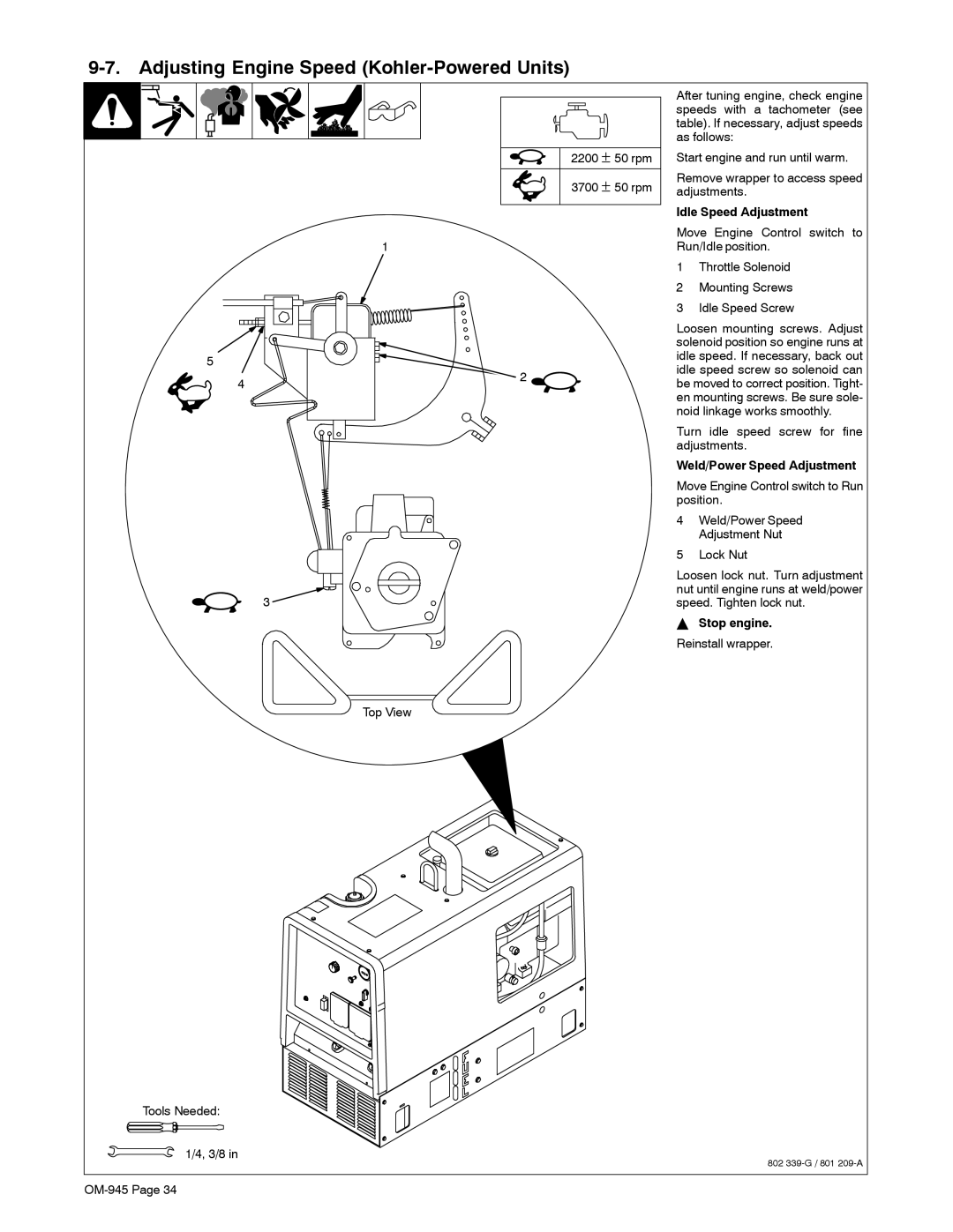 Hobart Welding Products OM-945 manual Adjusting Engine Speed Kohler-Powered Units, Stop engine. Reinstall wrapper 