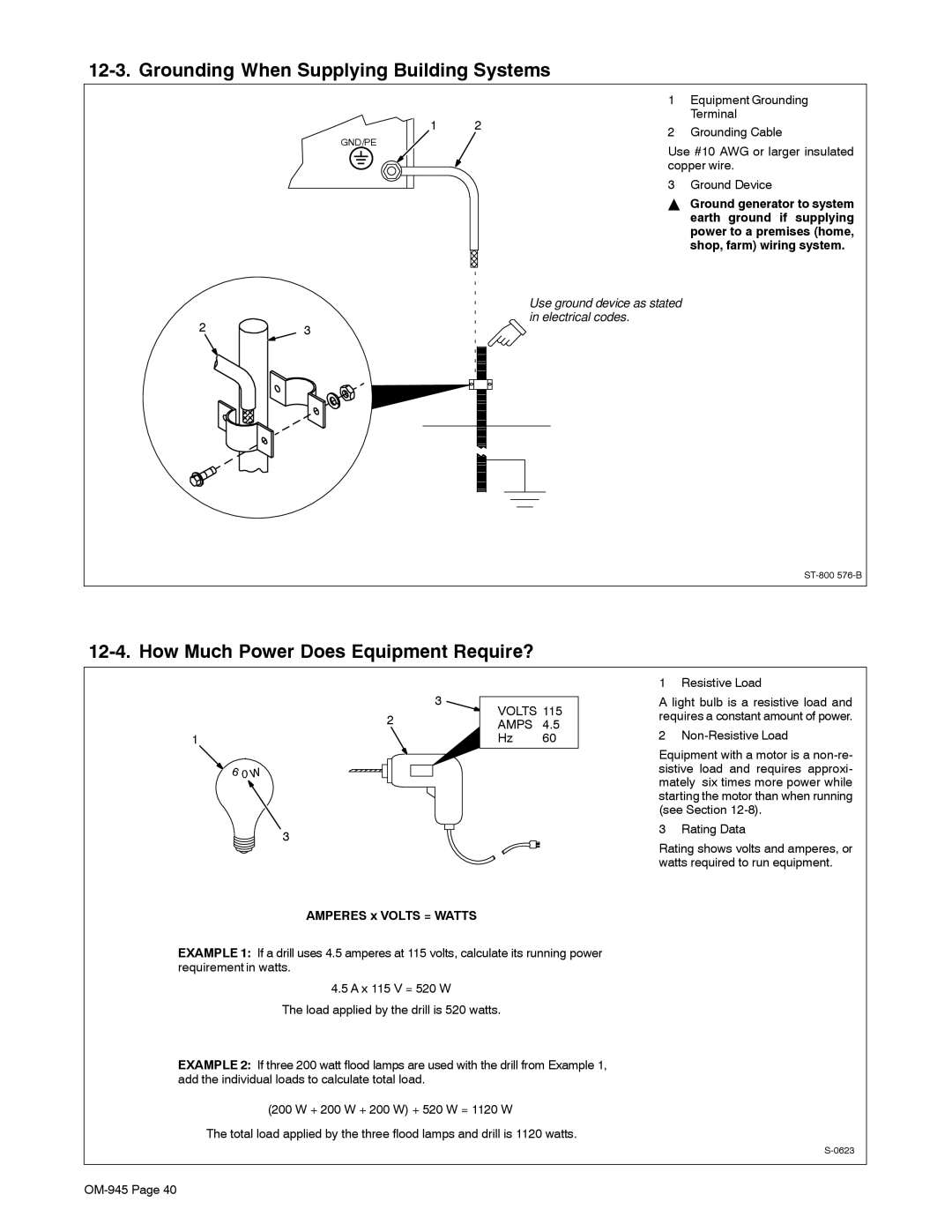 Hobart Welding Products OM-945 manual Grounding When Supplying Building Systems, How Much Power Does Equipment Require? 