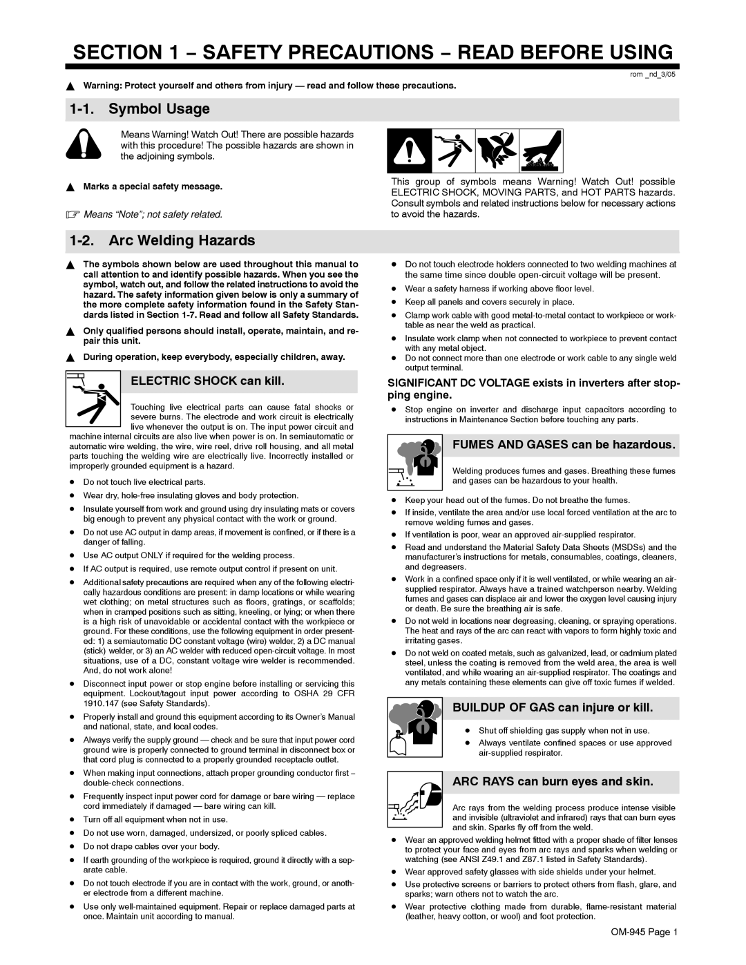 Hobart Welding Products OM-945 manual Symbol Usage, Arc Welding Hazards 