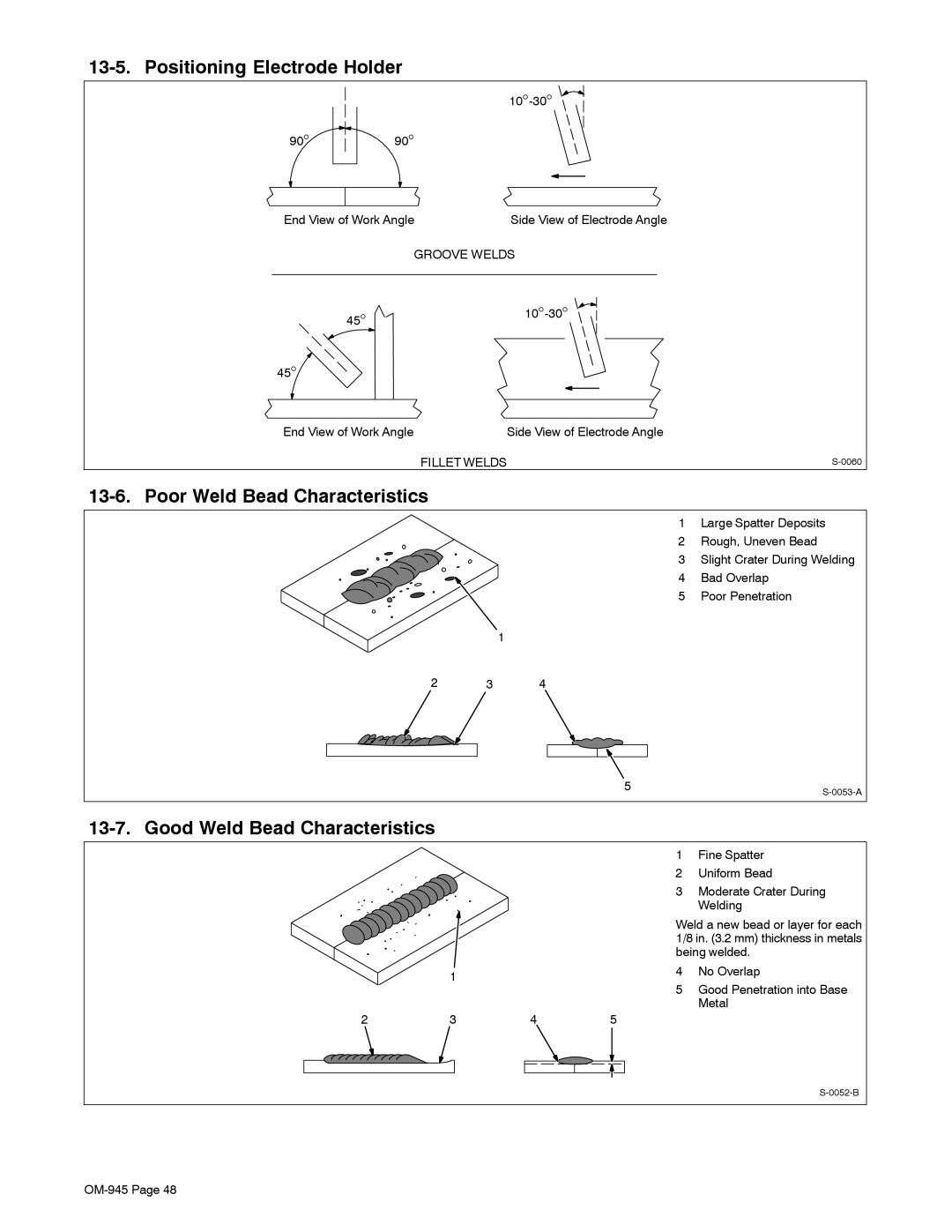 Hobart Welding Products OM-945 manual Positioning Electrode Holder, Poor Weld Bead Characteristics 