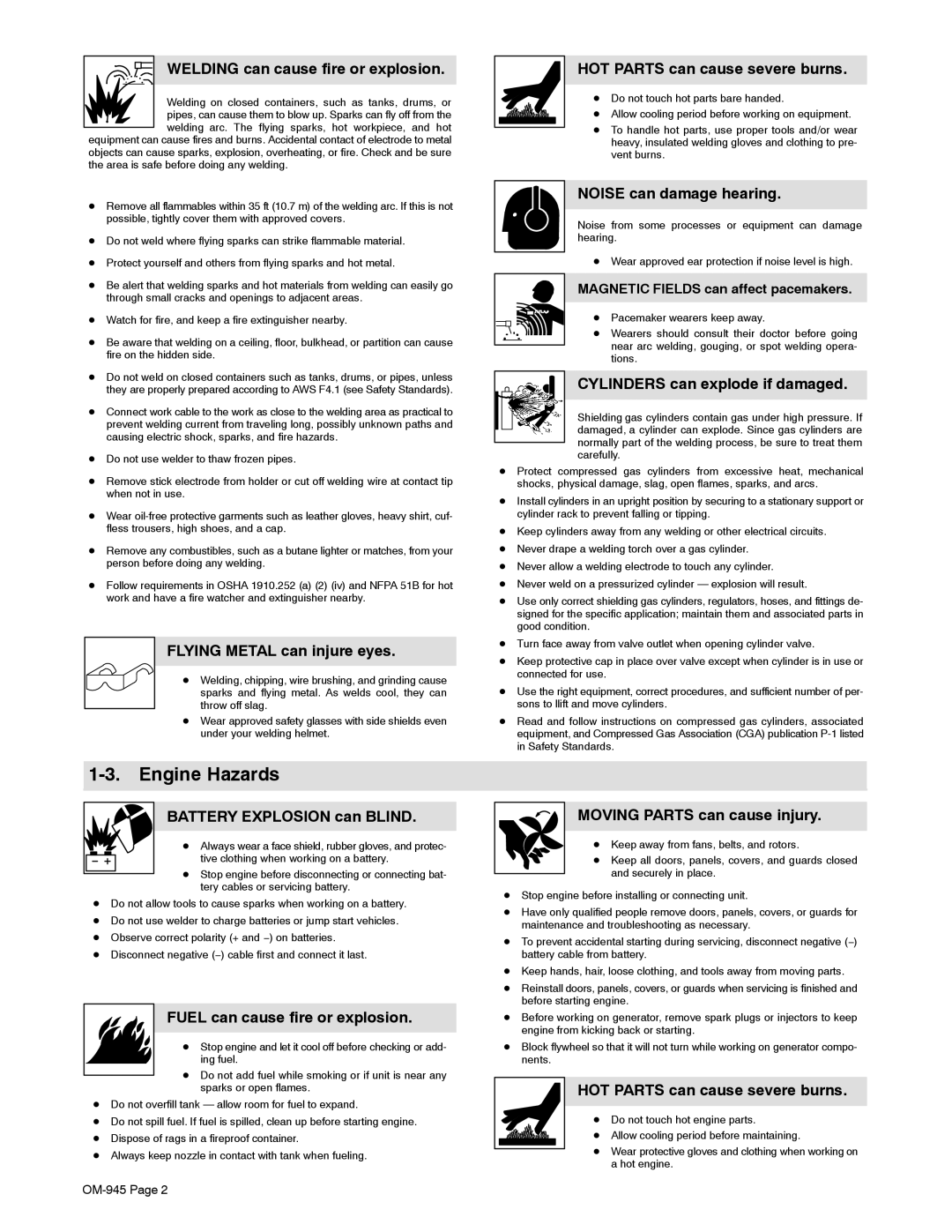 Hobart Welding Products OM-945 manual Engine Hazards 