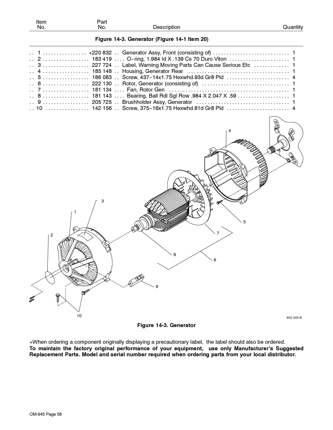 Hobart Welding Products OM-945 manual Generator -1Item 