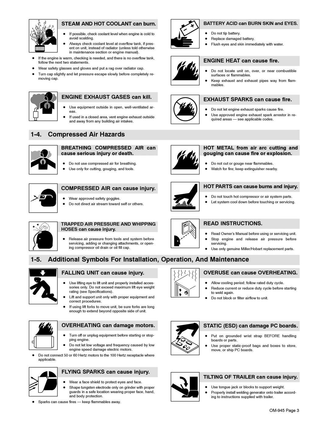 Hobart Welding Products OM-945 manual Compressed Air Hazards 