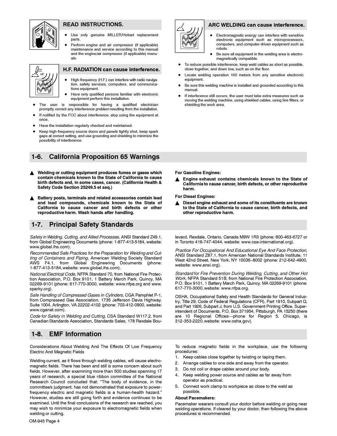 Hobart Welding Products OM-945 manual California Proposition 65 Warnings, Principal Safety Standards, EMF Information 