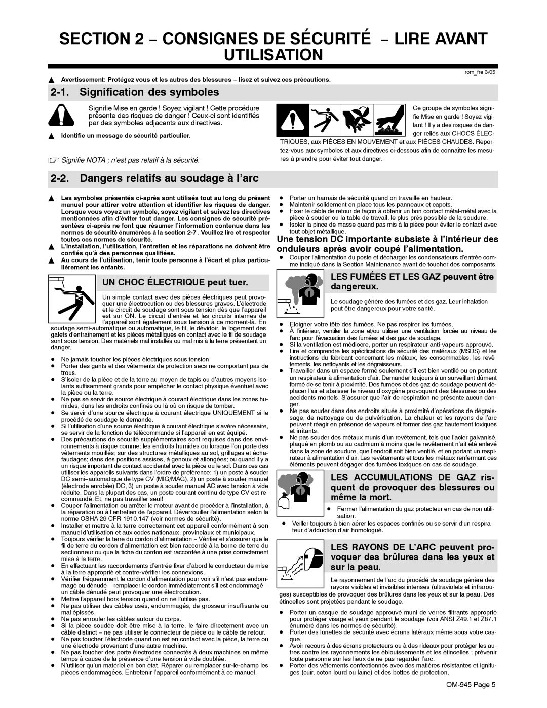 Hobart Welding Products OM-945 manual Consignes DE Sécurité − Lire Avant Utilisation, Signification des symboles 