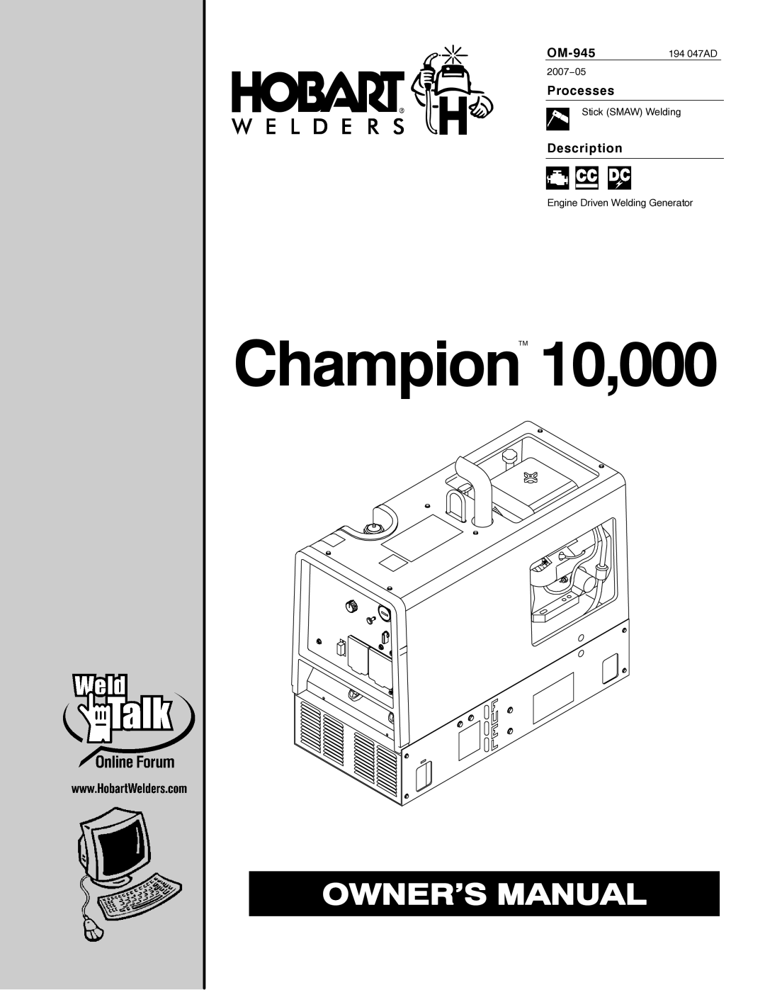 Hobart Welding Products manual Processes, Description, OM-945194 047AD 2007−05, Stick Smaw Welding 