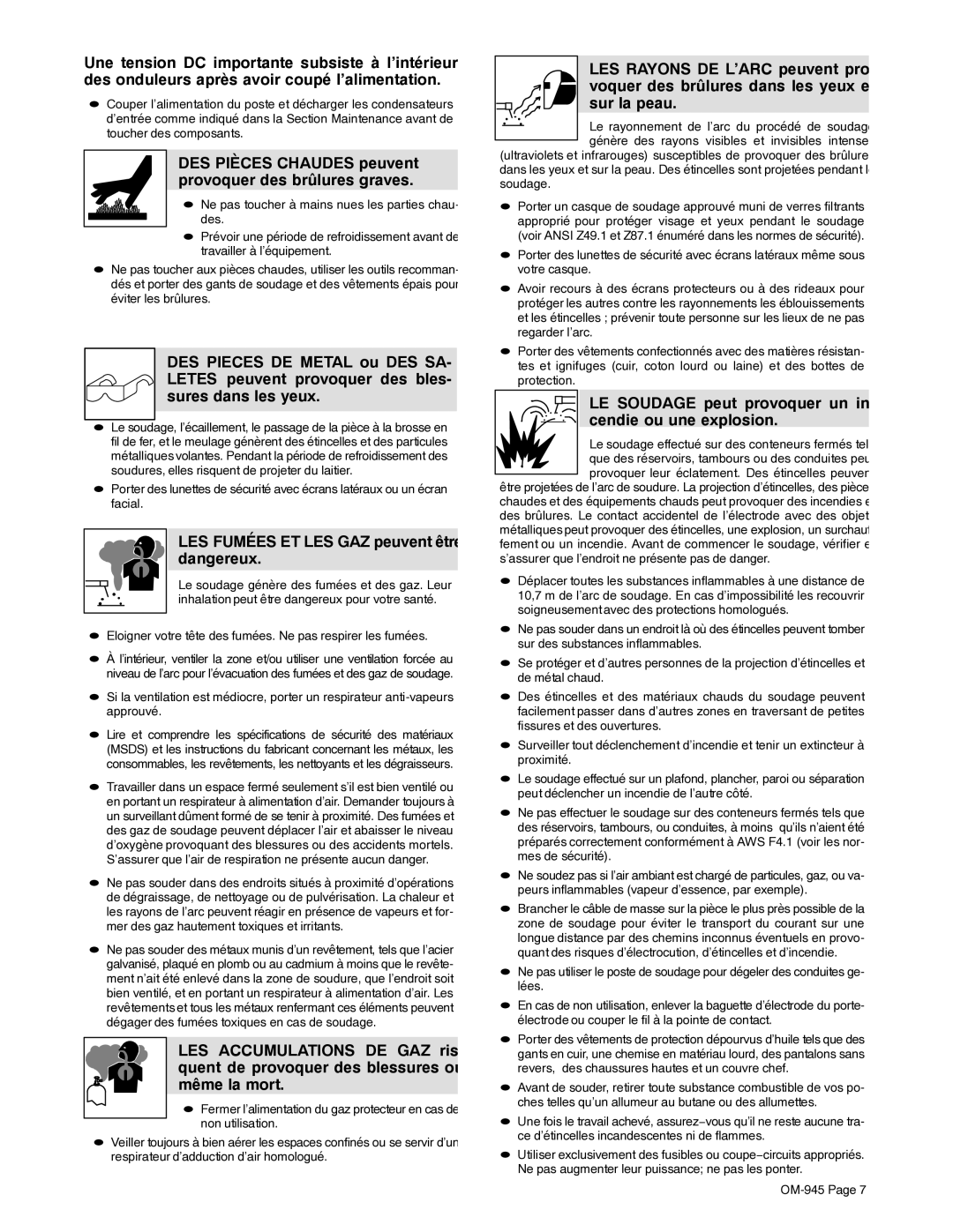 Hobart Welding Products OM-945 manual DES Pièces Chaudes peuvent provoquer des brûlures graves 