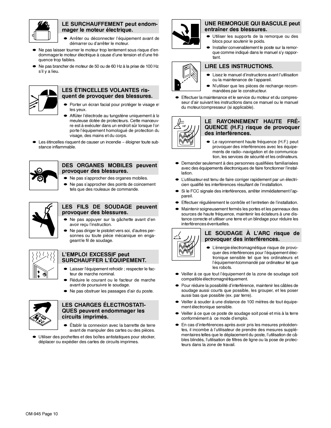 Hobart Welding Products OM-945 manual LE Surchauffement peut endom- mager le moteur électrique, ’EMPLOI Excessif peut 