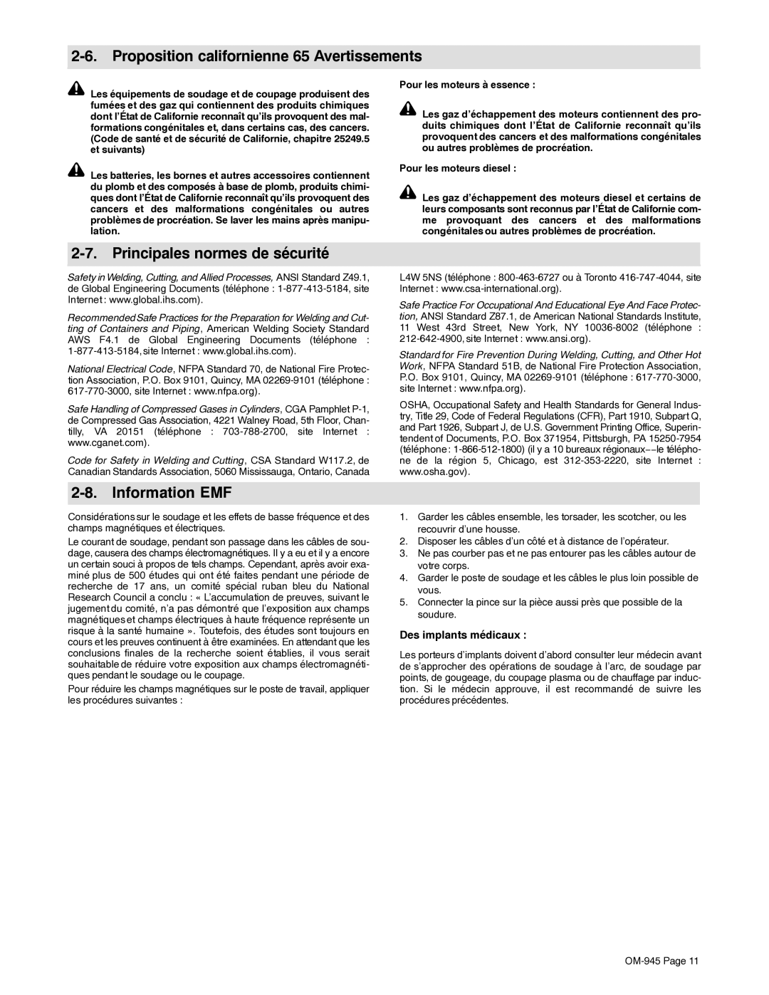 Hobart Welding Products OM-945 manual Proposition californienne 65 Avertissements, Principales normes de sécurité 