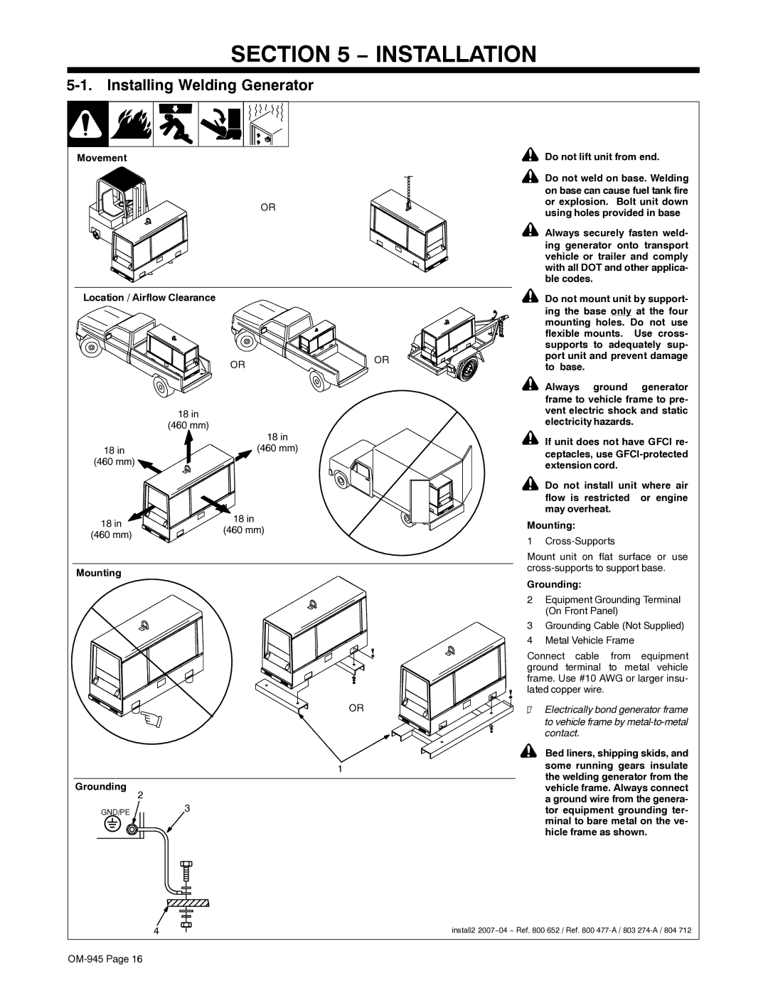 Hobart Welding Products OM-945 manual Installation, Installing Welding Generator 