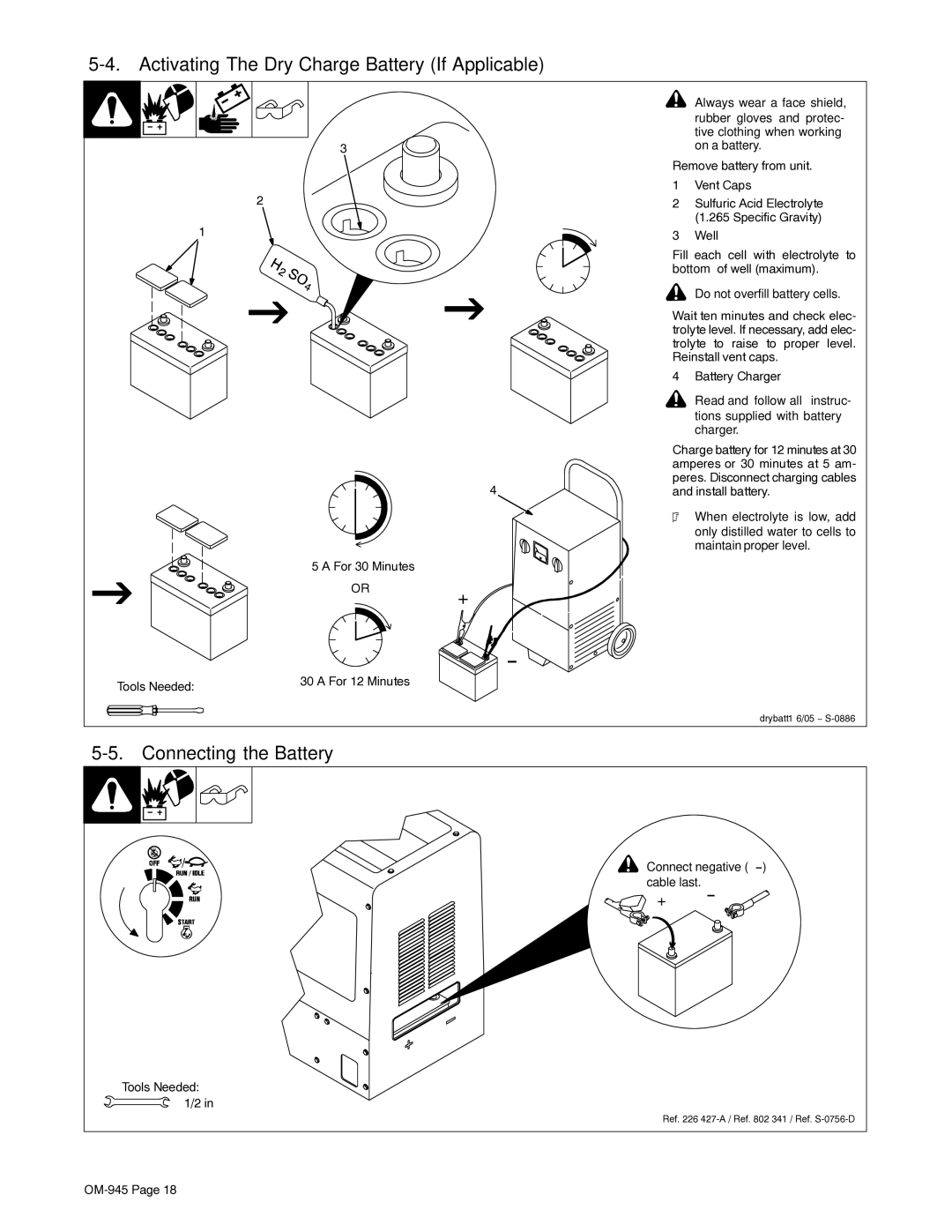 Hobart Welding Products OM-945 manual Activating The Dry Charge Battery If Applicable, Connecting the Battery 