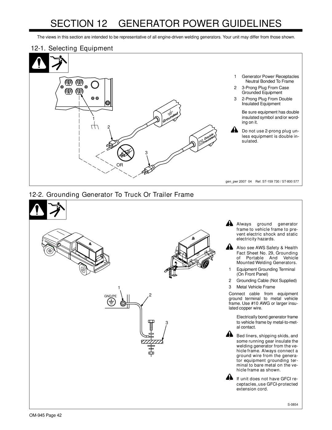 Hobart Welding Products OM-945 manual Generator Power Guidelines, Selecting Equipment, Bed liners, shipping skids 