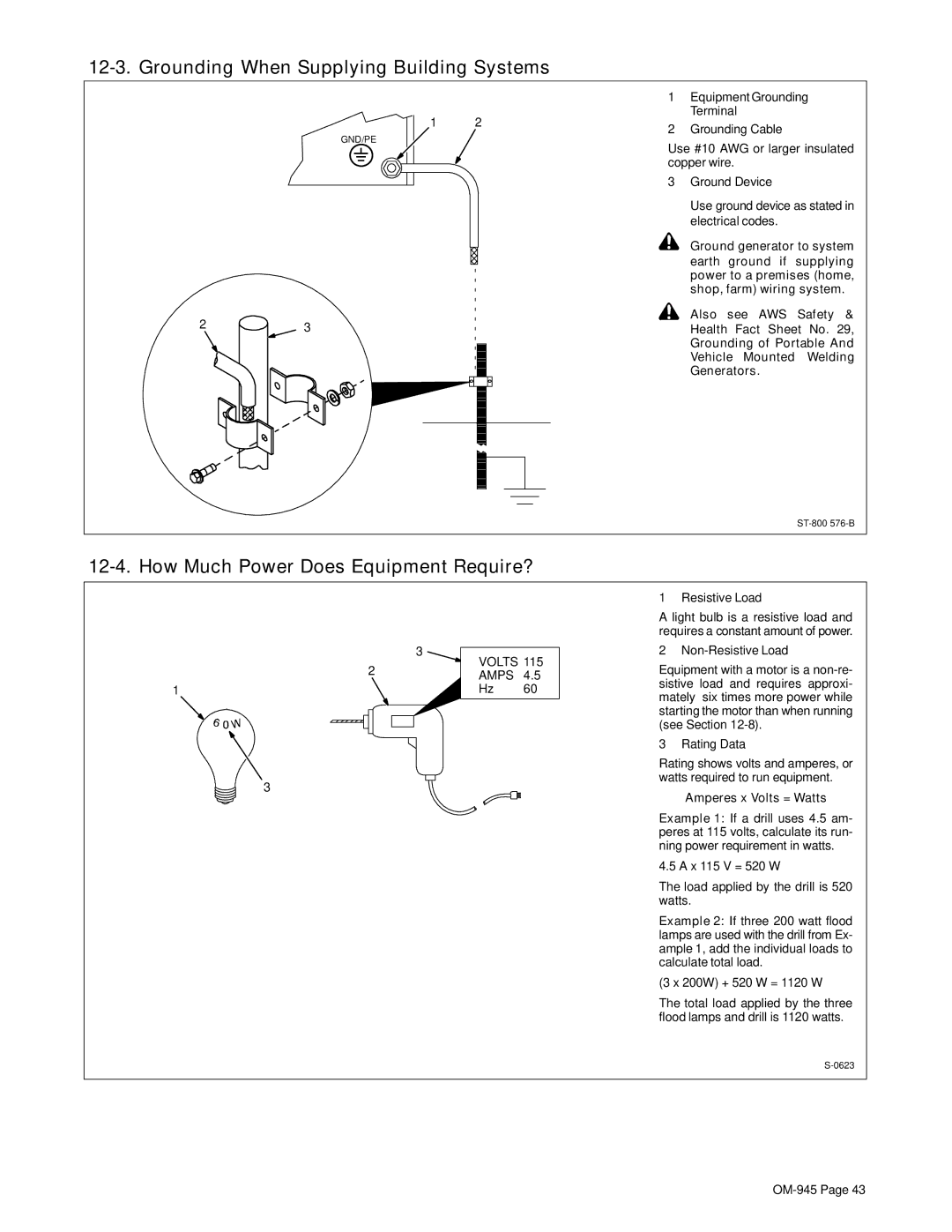 Hobart Welding Products OM-945 manual Grounding When Supplying Building Systems, How Much Power Does Equipment Require? 