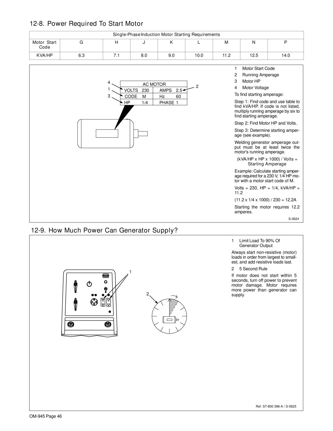 Hobart Welding Products OM-945 manual Power Required To Start Motor, How Much Power Can Generator Supply? 